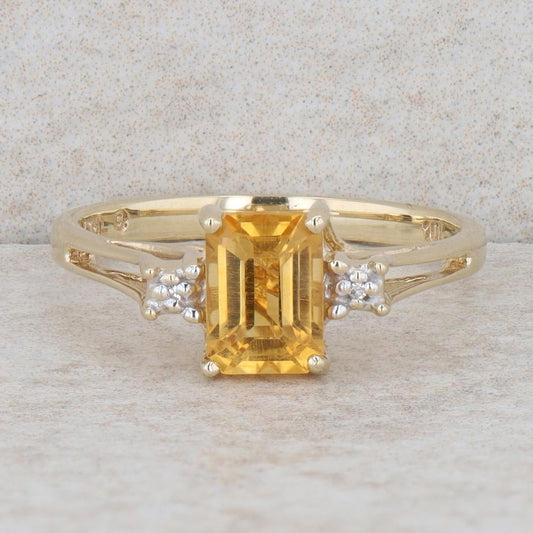 10k Yellow Gold Emerald Cut Citrine & Diamond Split Shank Ring, Finger Size 6.25