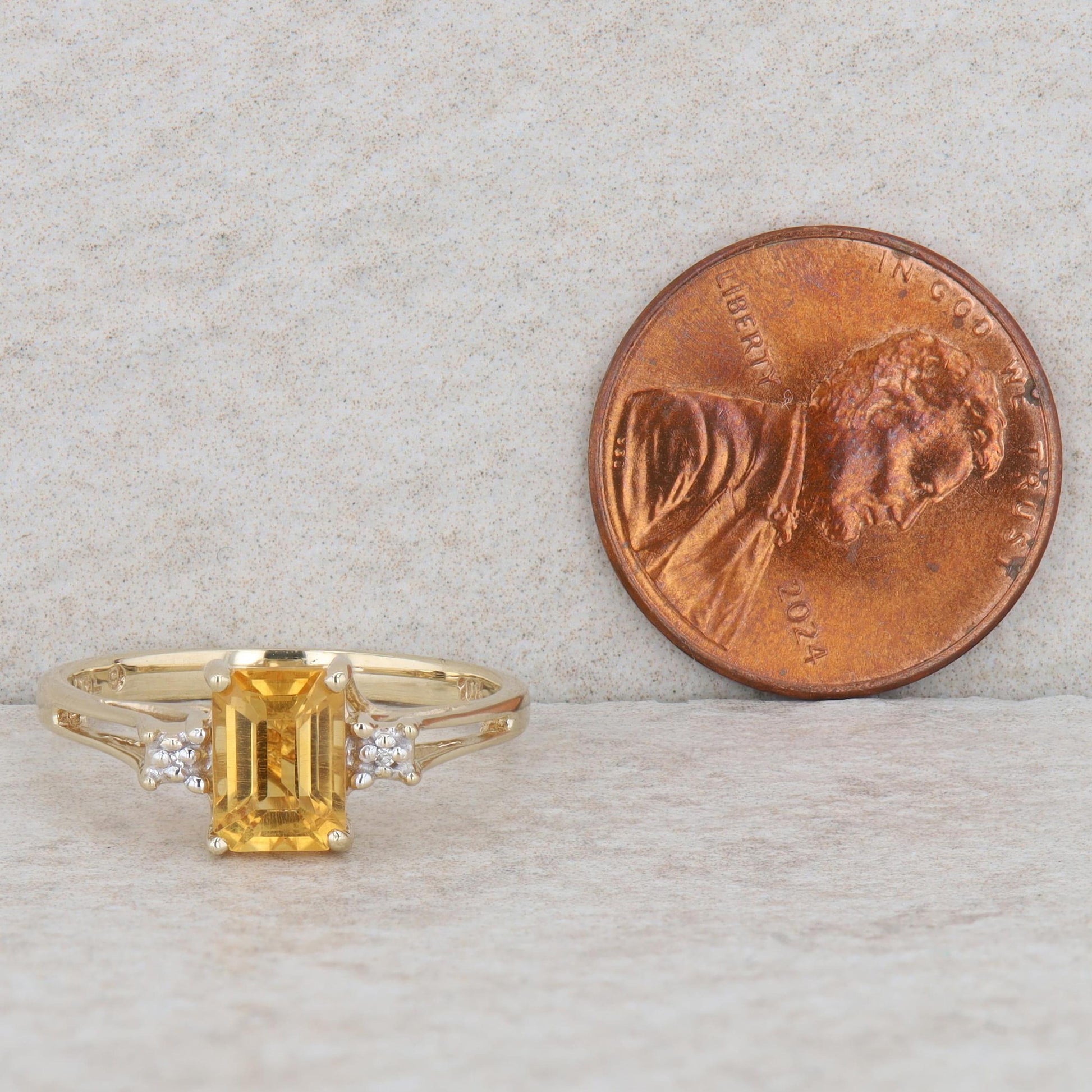 10k Yellow Gold Emerald Cut Citrine & Diamond Split Shank Ring, Finger Size 6.25