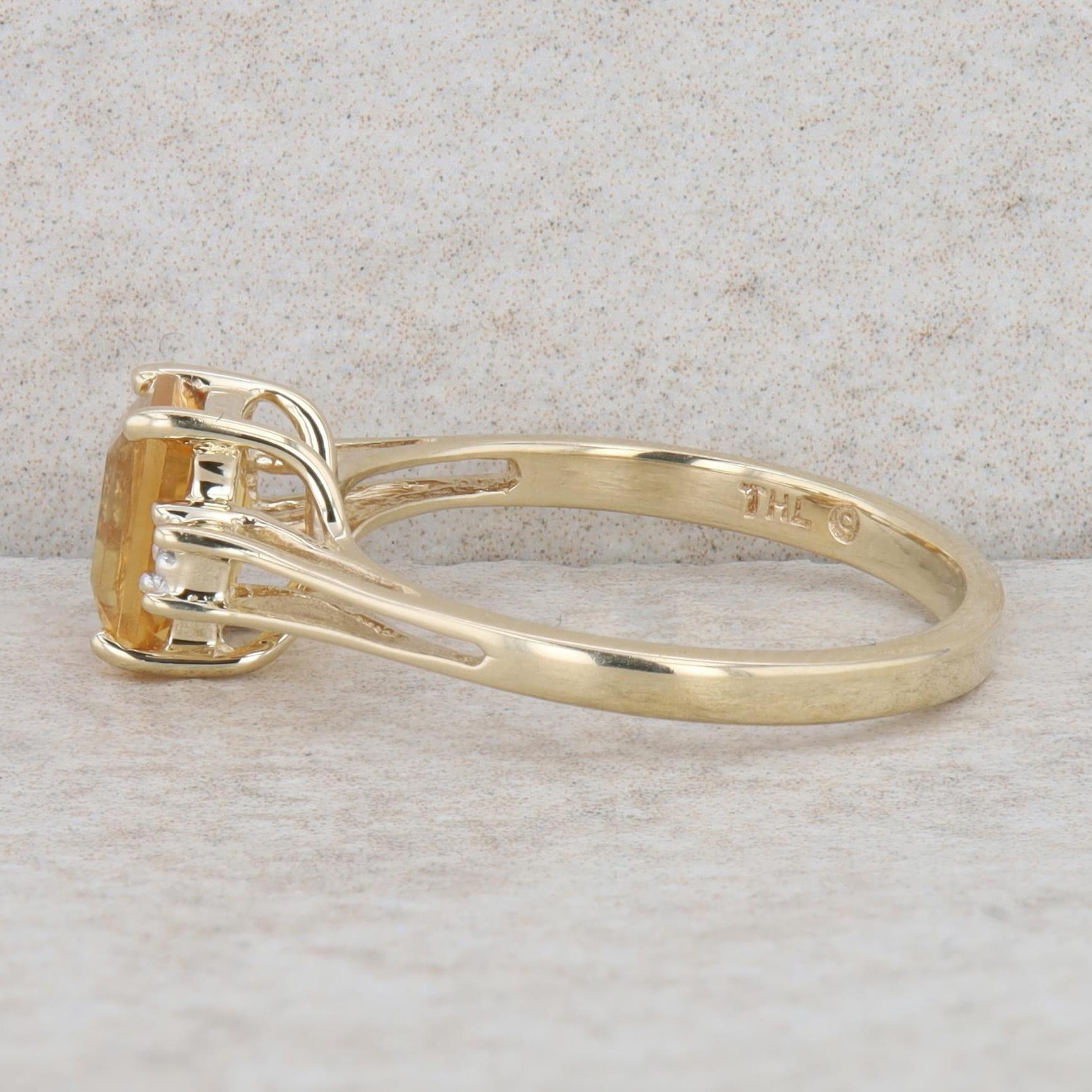 10k Yellow Gold Emerald Cut Citrine & Diamond Split Shank Ring, Finger Size 6.25