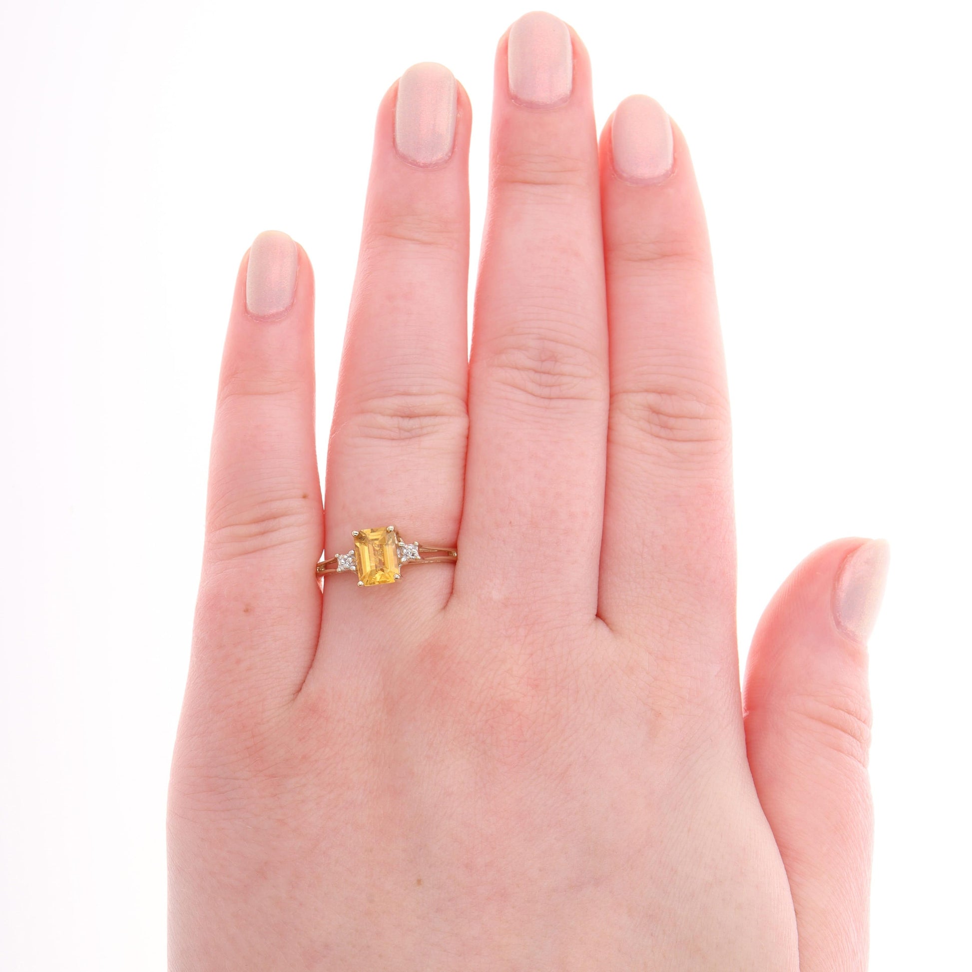 10k Yellow Gold Emerald Cut Citrine & Diamond Split Shank Ring, Finger Size 6.25