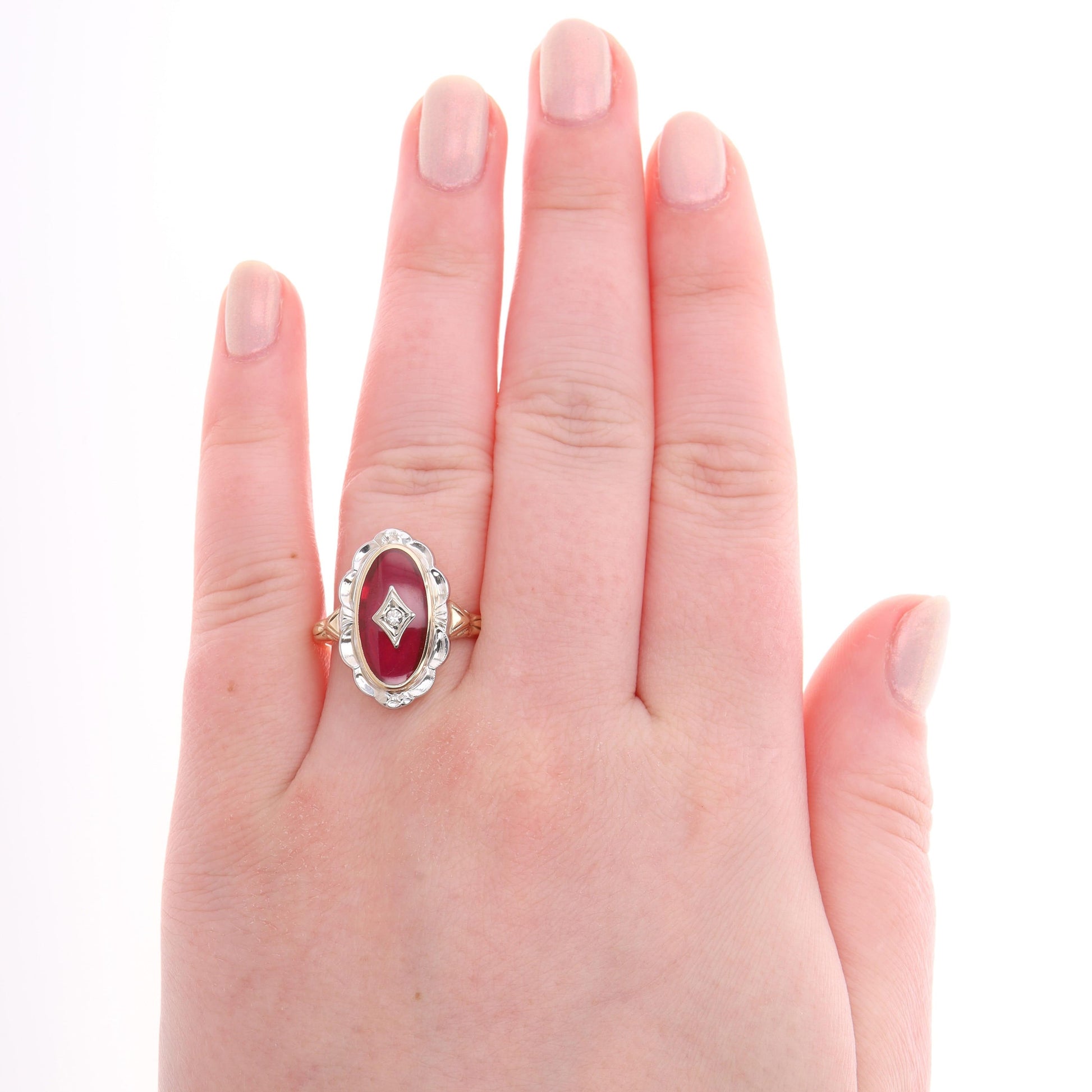 10k Two-Tone Gold Synthetic Ruby & Diamond Engraved Ring, Finger Size 6.75