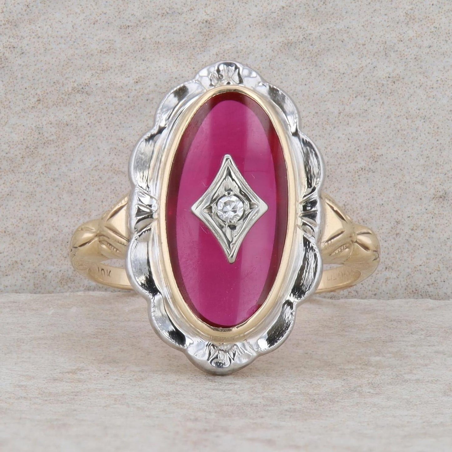 10k Two-Tone Gold Synthetic Ruby & Diamond Engraved Ring, Finger Size 6.75