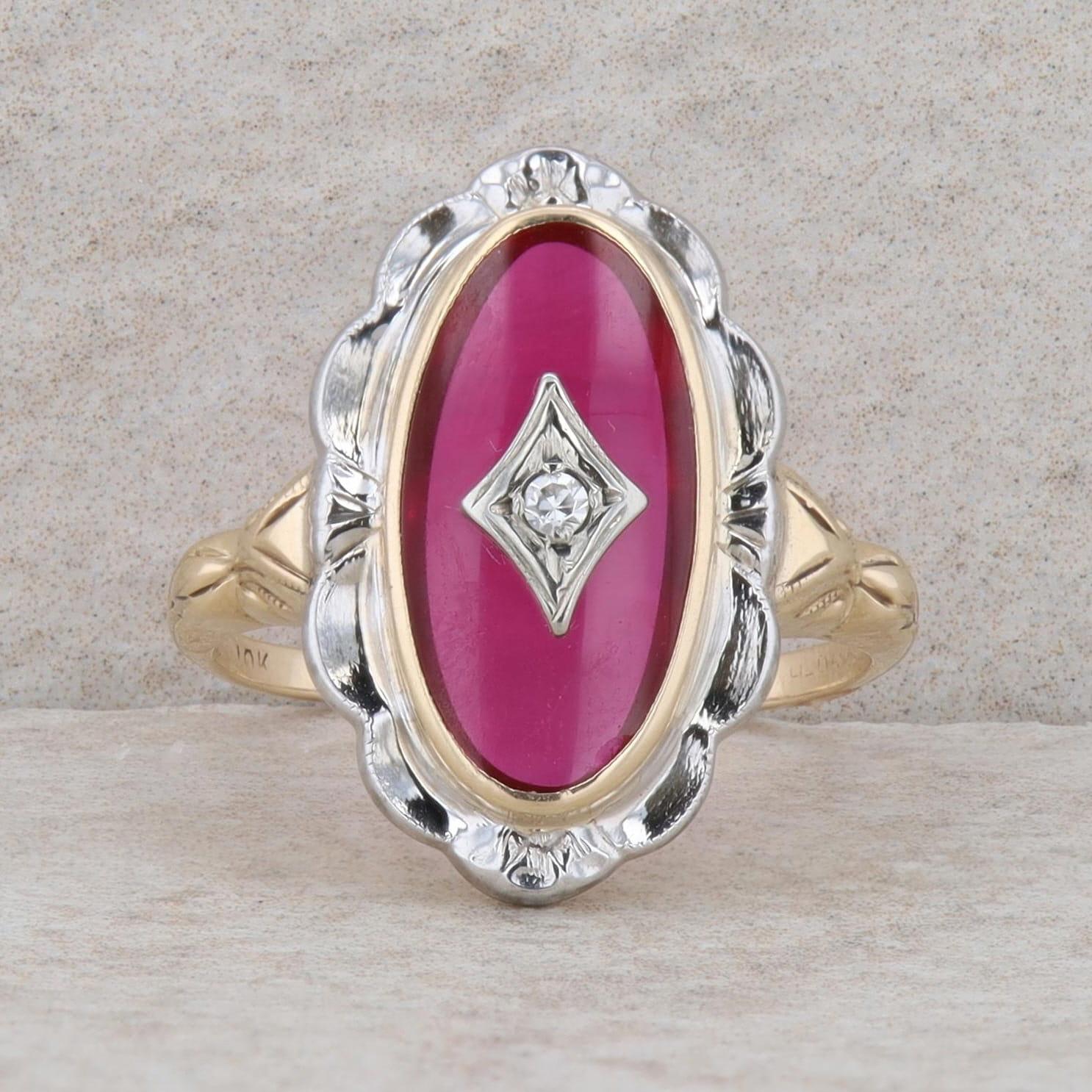 10k Two-Tone Gold Synthetic Ruby & Diamond Engraved Ring, Finger Size 6.75