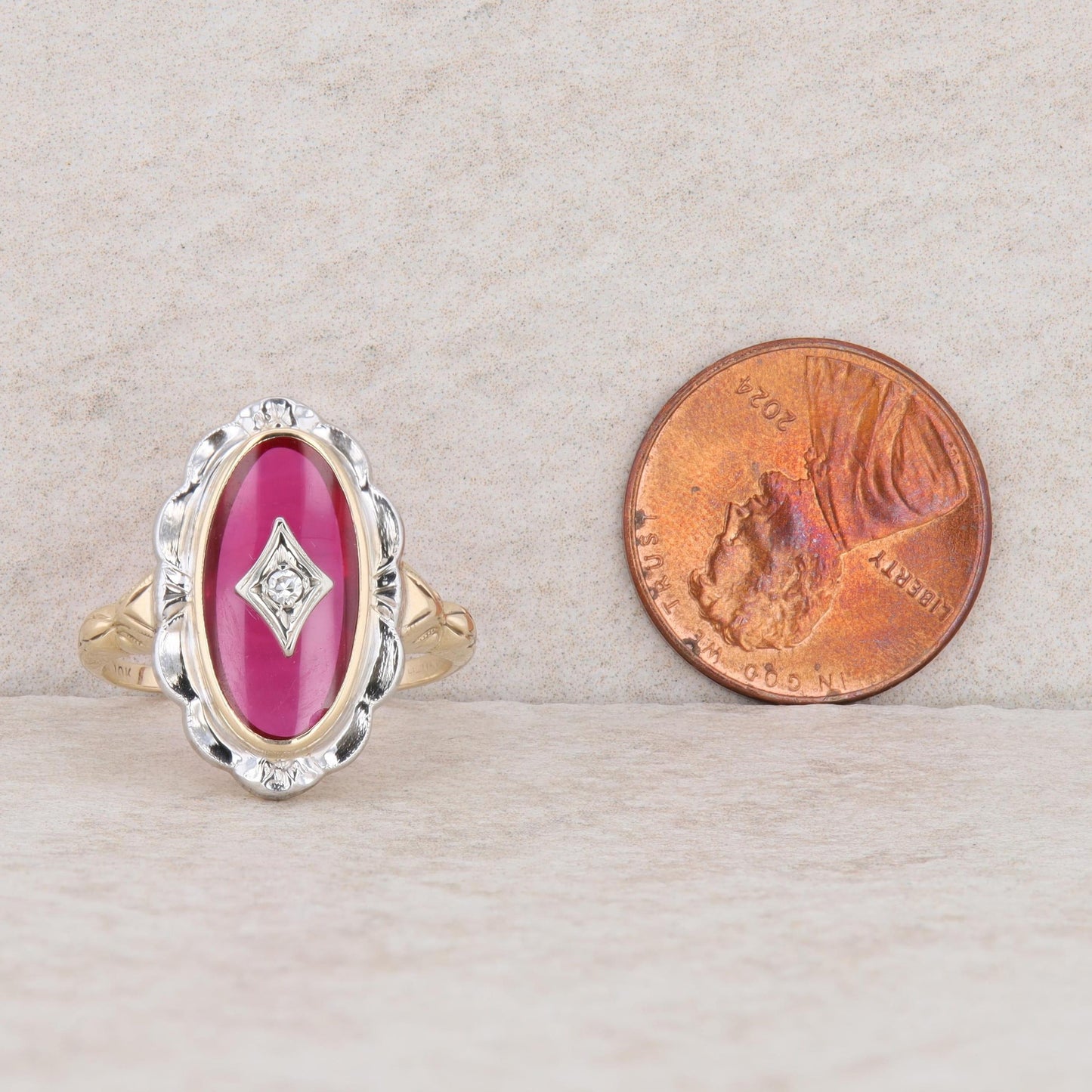 10k Two-Tone Gold Synthetic Ruby & Diamond Engraved Ring, Finger Size 6.75