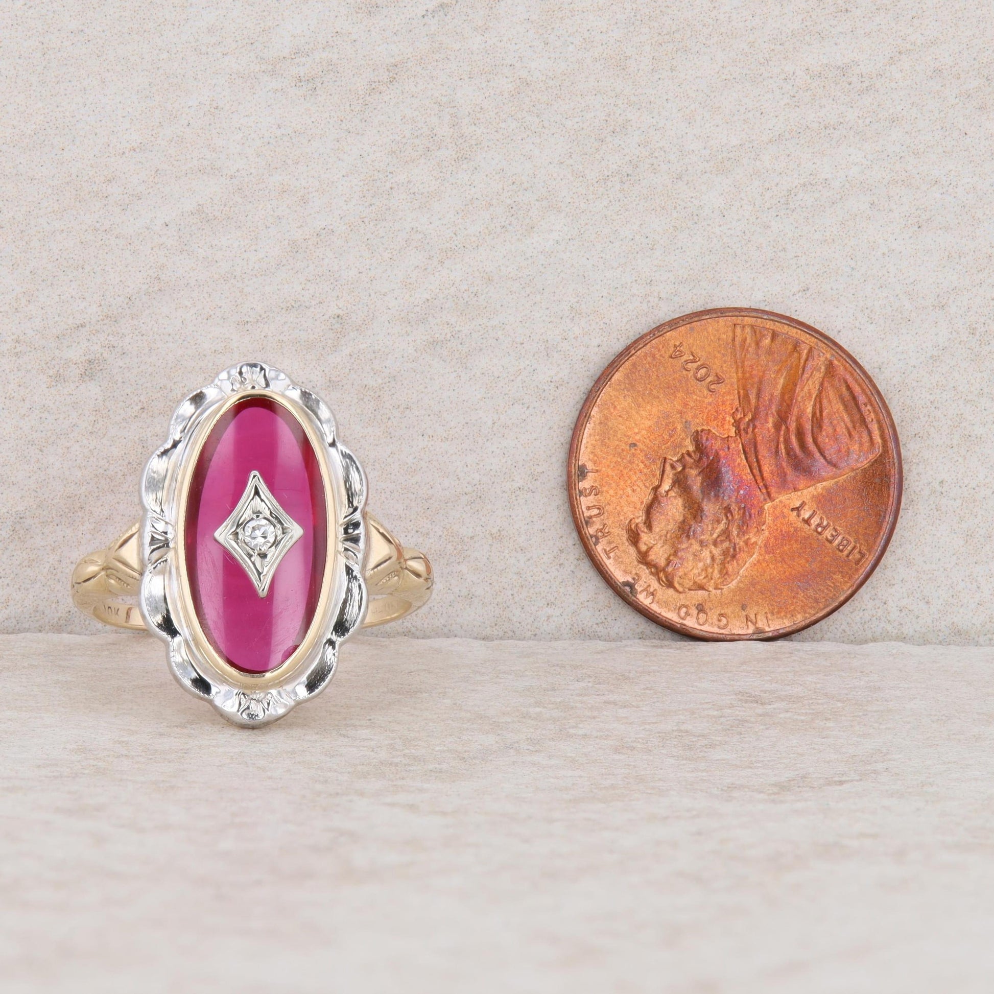 10k Two-Tone Gold Synthetic Ruby & Diamond Engraved Ring, Finger Size 6.75