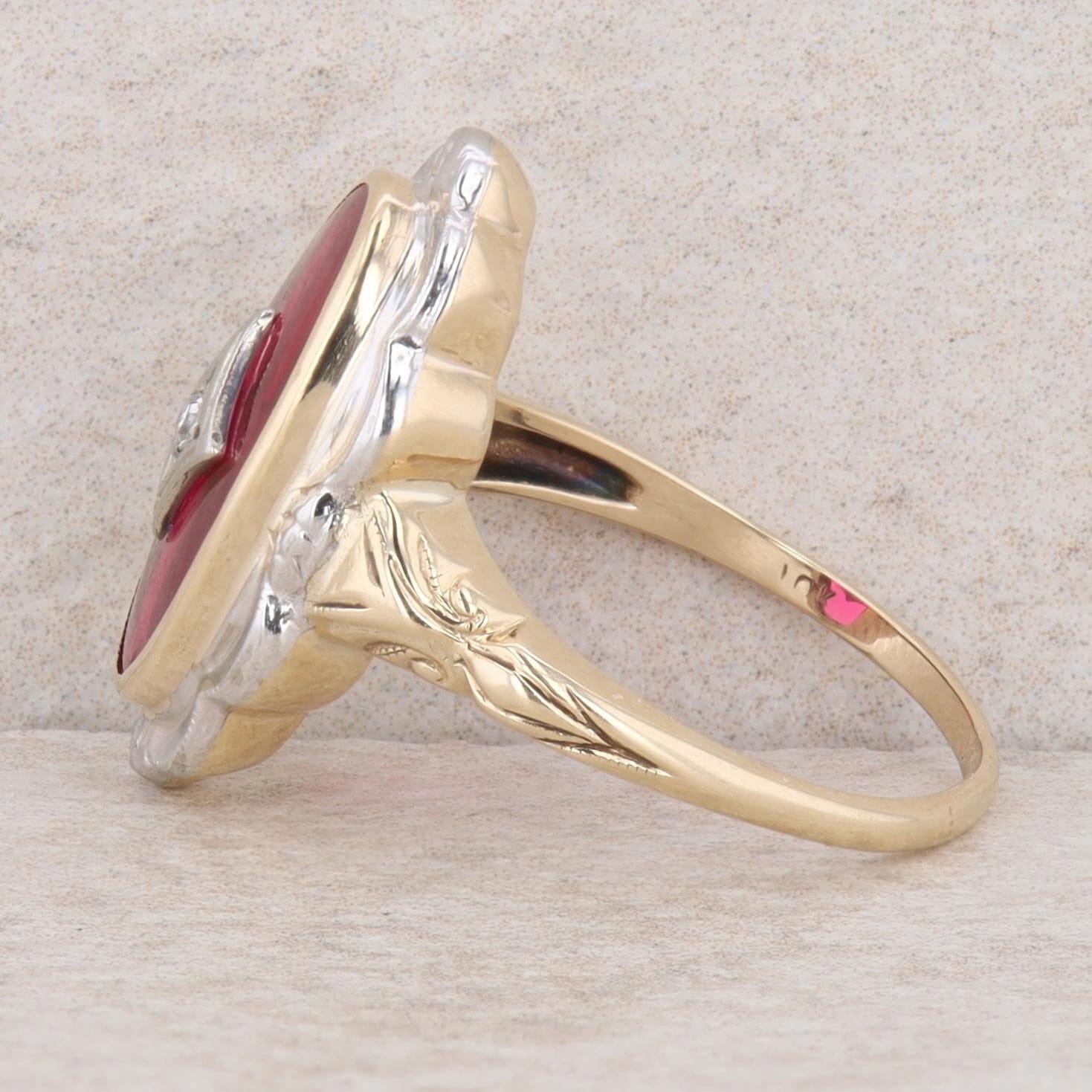 10k Two-Tone Gold Synthetic Ruby & Diamond Engraved Ring, Finger Size 6.75