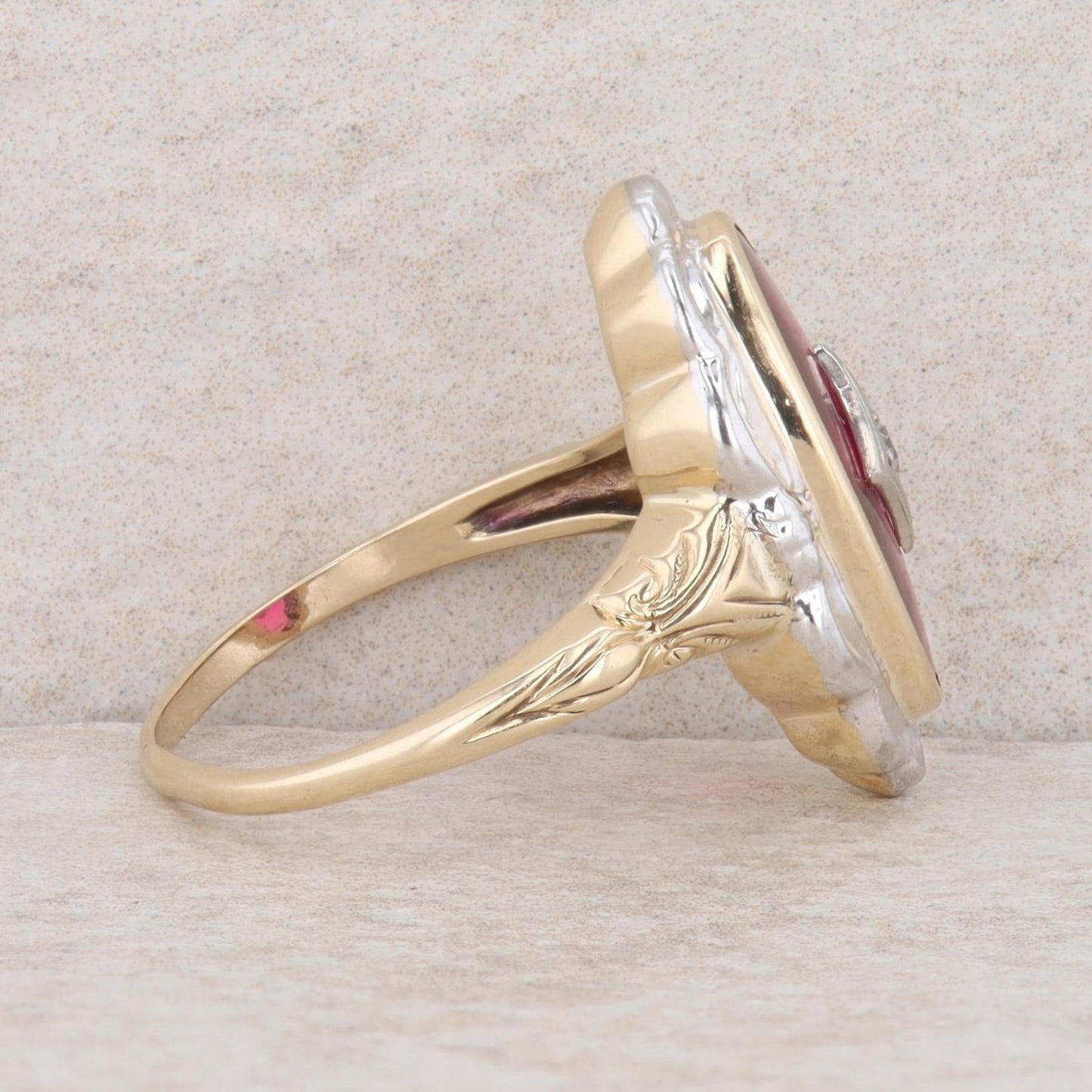 10k Two-Tone Gold Synthetic Ruby & Diamond Engraved Ring, Finger Size 6.75