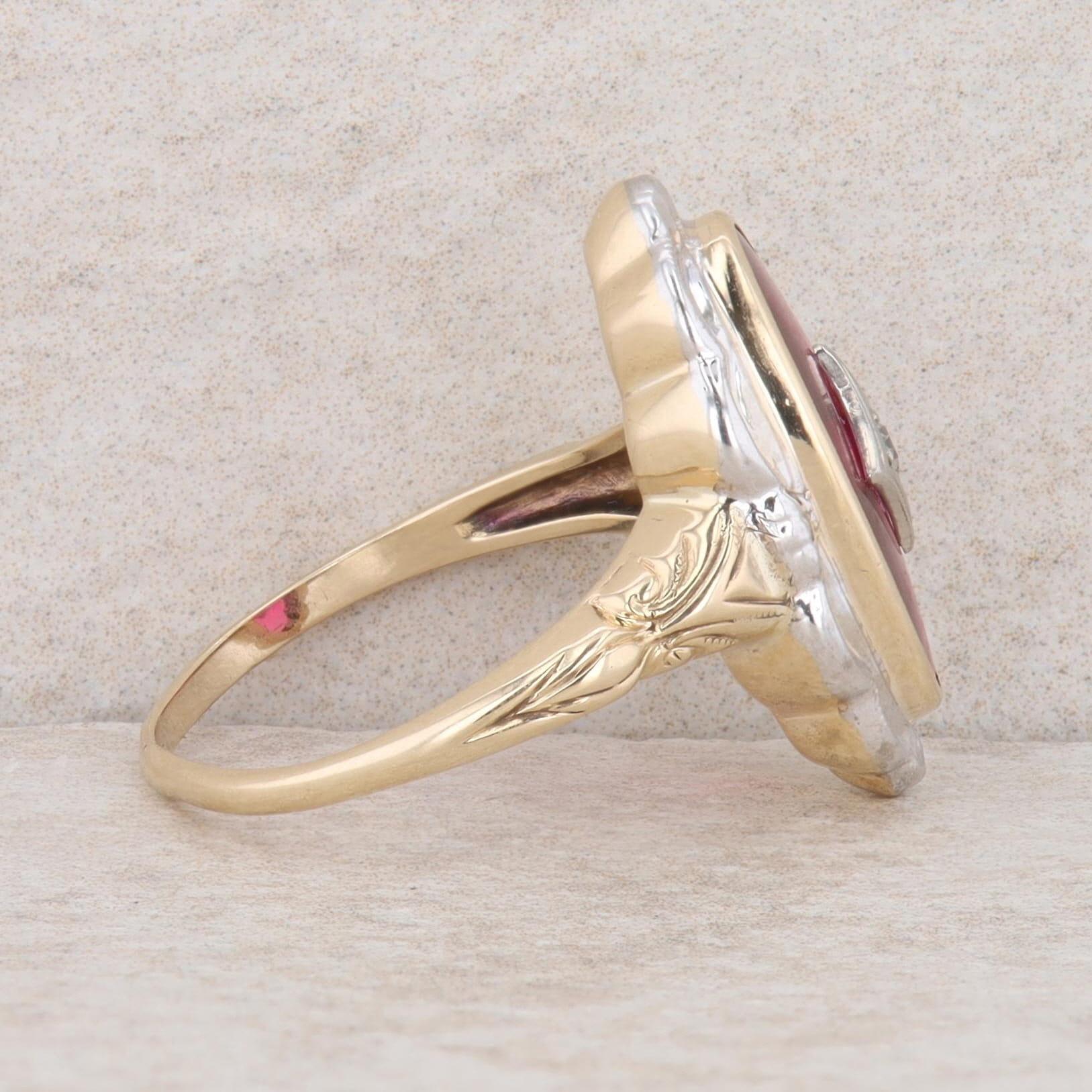 10k Two-Tone Gold Synthetic Ruby & Diamond Engraved Ring, Finger Size 6.75