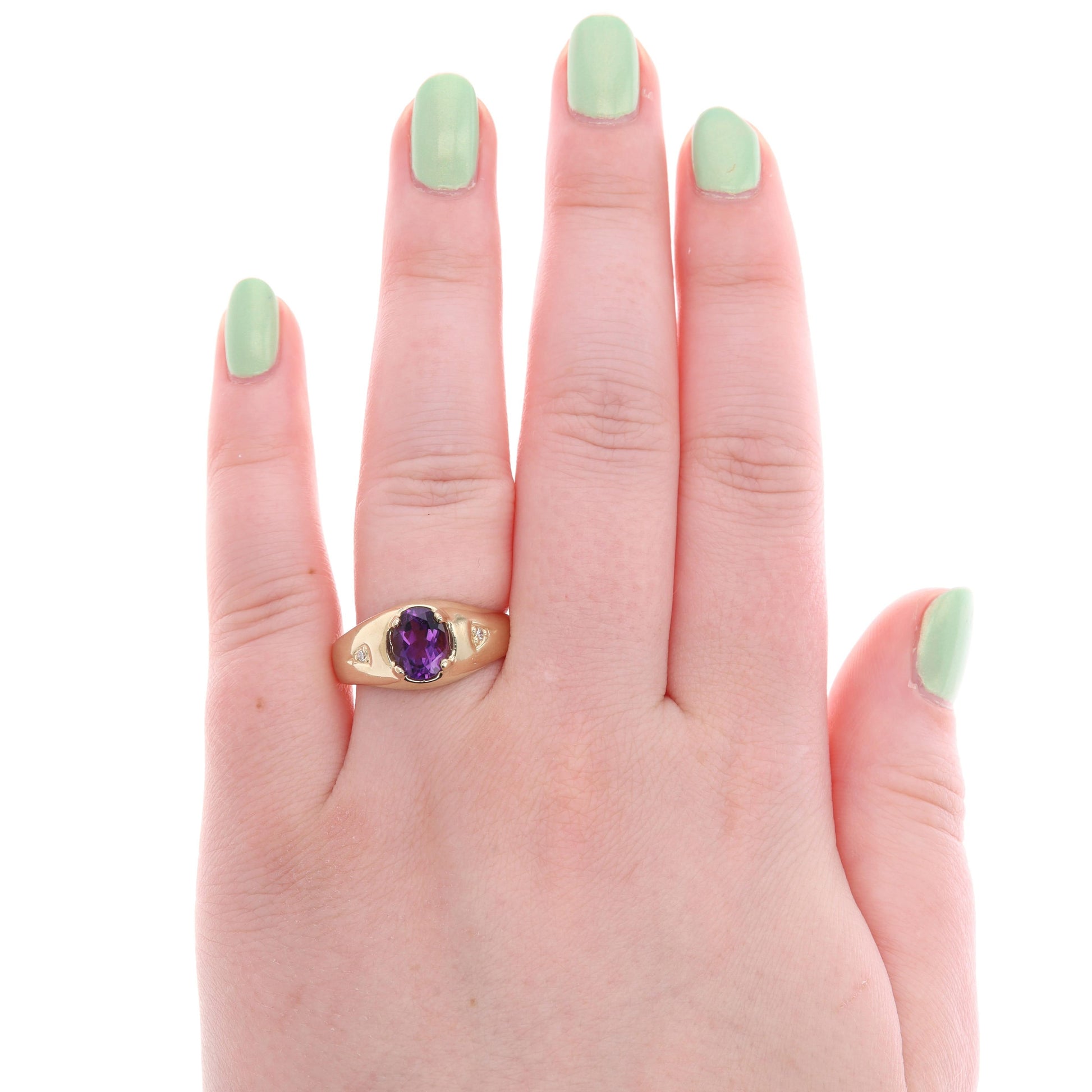 14k Yellow Gold Oval Amethyst & Diamond Wide Ring
