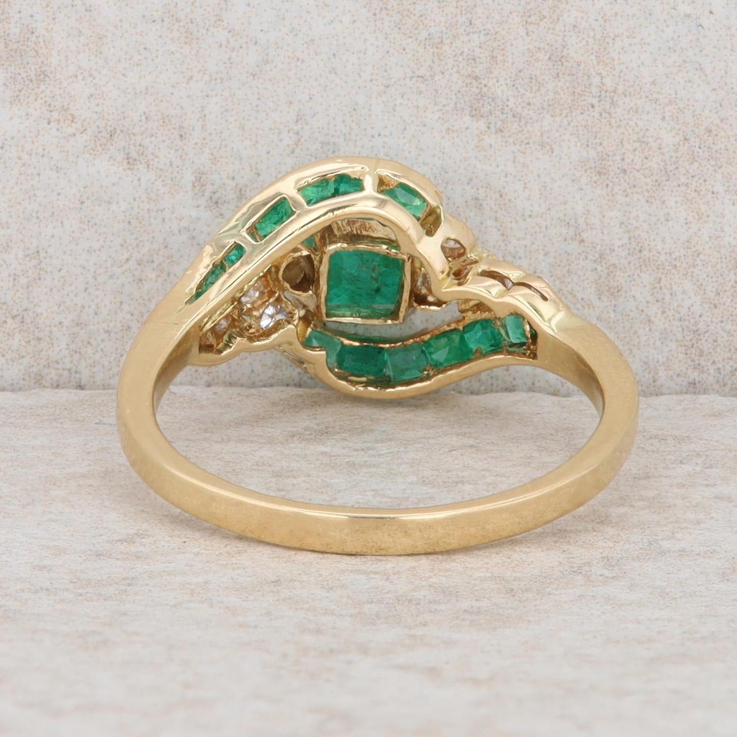 18k Yellow Gold Square Step Cut Emerald & Diamond Bypass Halo Style Ring