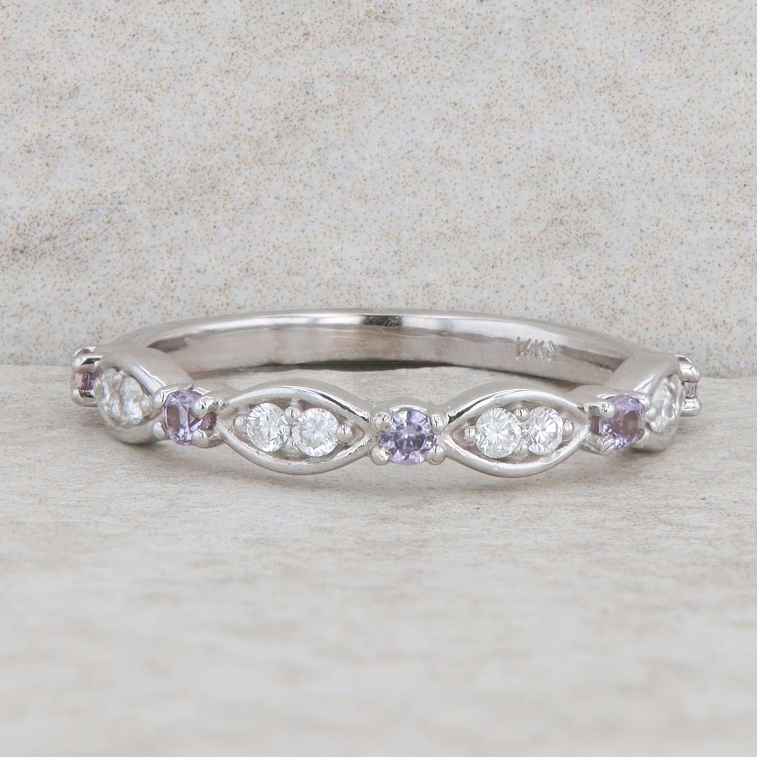 14k White Gold Imitation Alexandrite & Natural Diamond Alternating Band