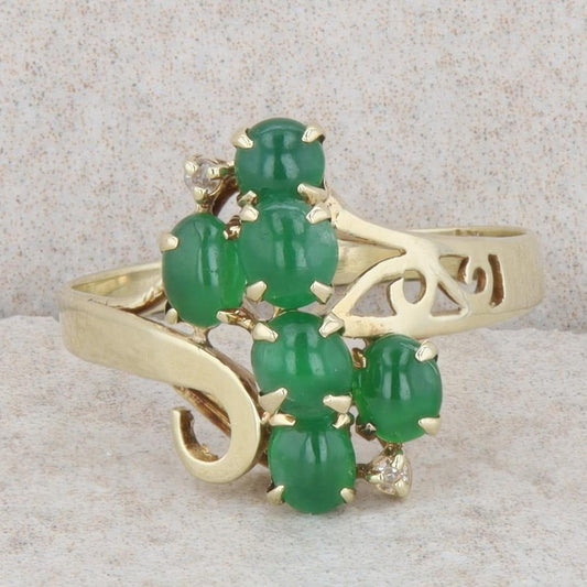 14k Yellow Gold Oval Cabochon Jade & Diamond Cluster Filigree Ring