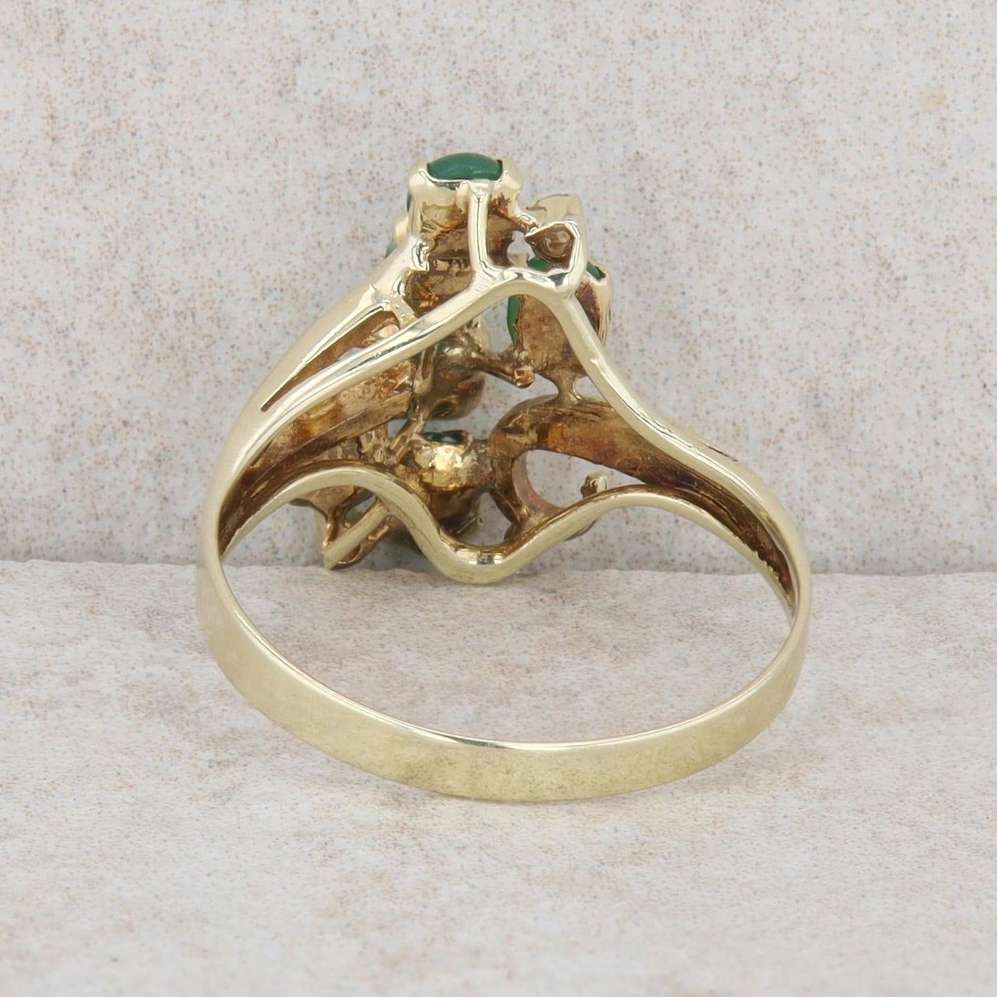 14k Yellow Gold Oval Cabochon Jade & Diamond Cluster Filigree Ring