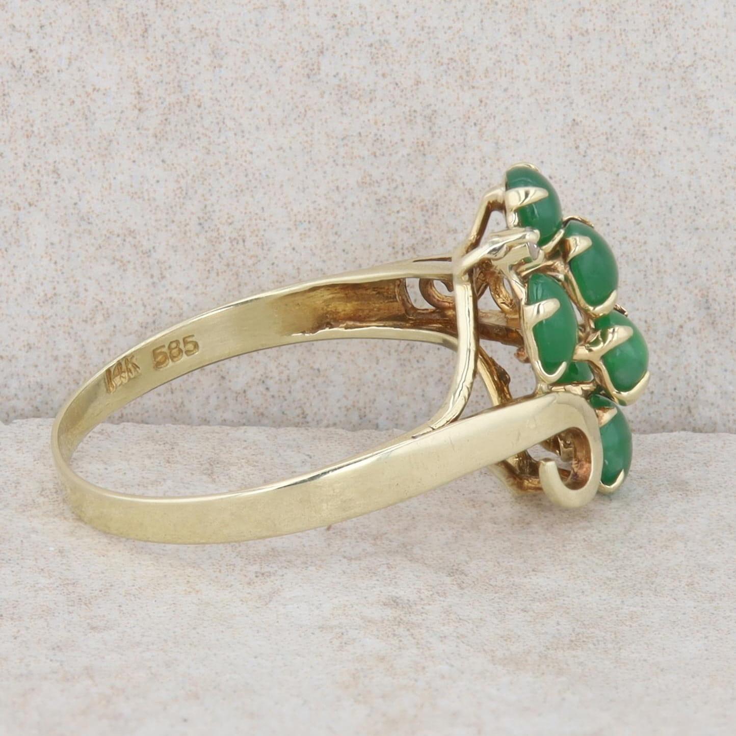 14k Yellow Gold Oval Cabochon Jade & Diamond Cluster Filigree Ring