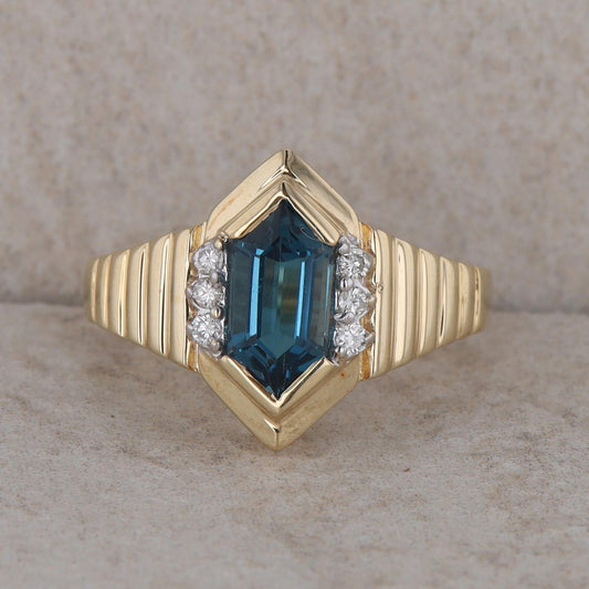 14k Yellow Gold Elongated Hexagon London Blue Topaz & Diamond Textured Ring