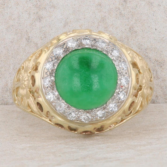 14k Yellow Gold Cabochon Jade & Diamond Halo Floral Cutout Shank Ring
