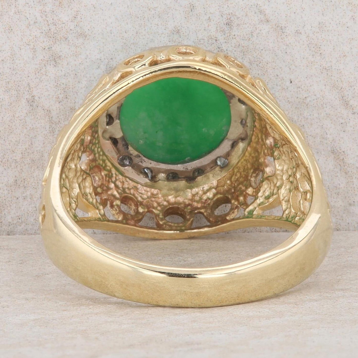 14k Yellow Gold Cabochon Jade & Diamond Halo Floral Cutout Shank Ring