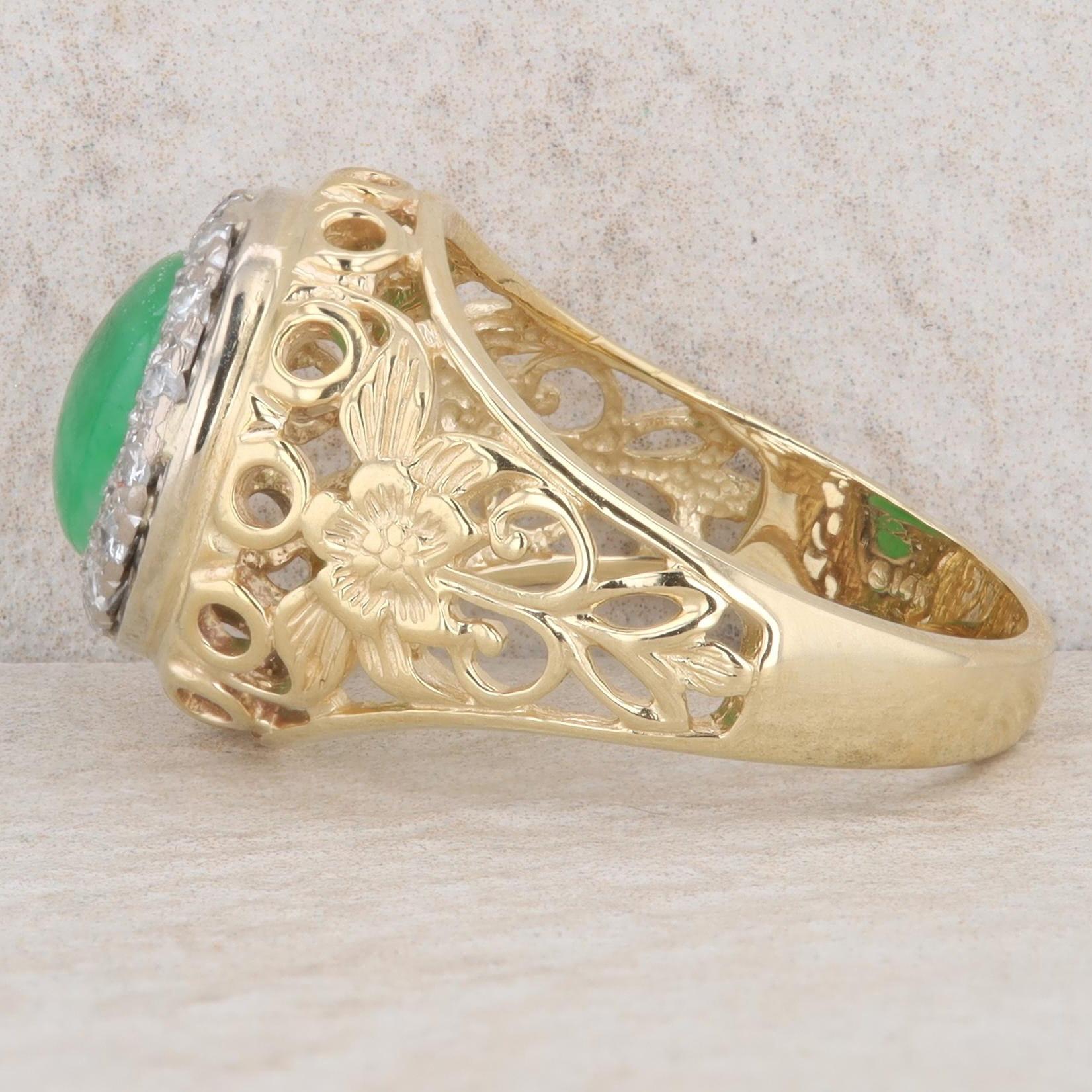 14k Yellow Gold Cabochon Jade & Diamond Halo Floral Cutout Shank Ring