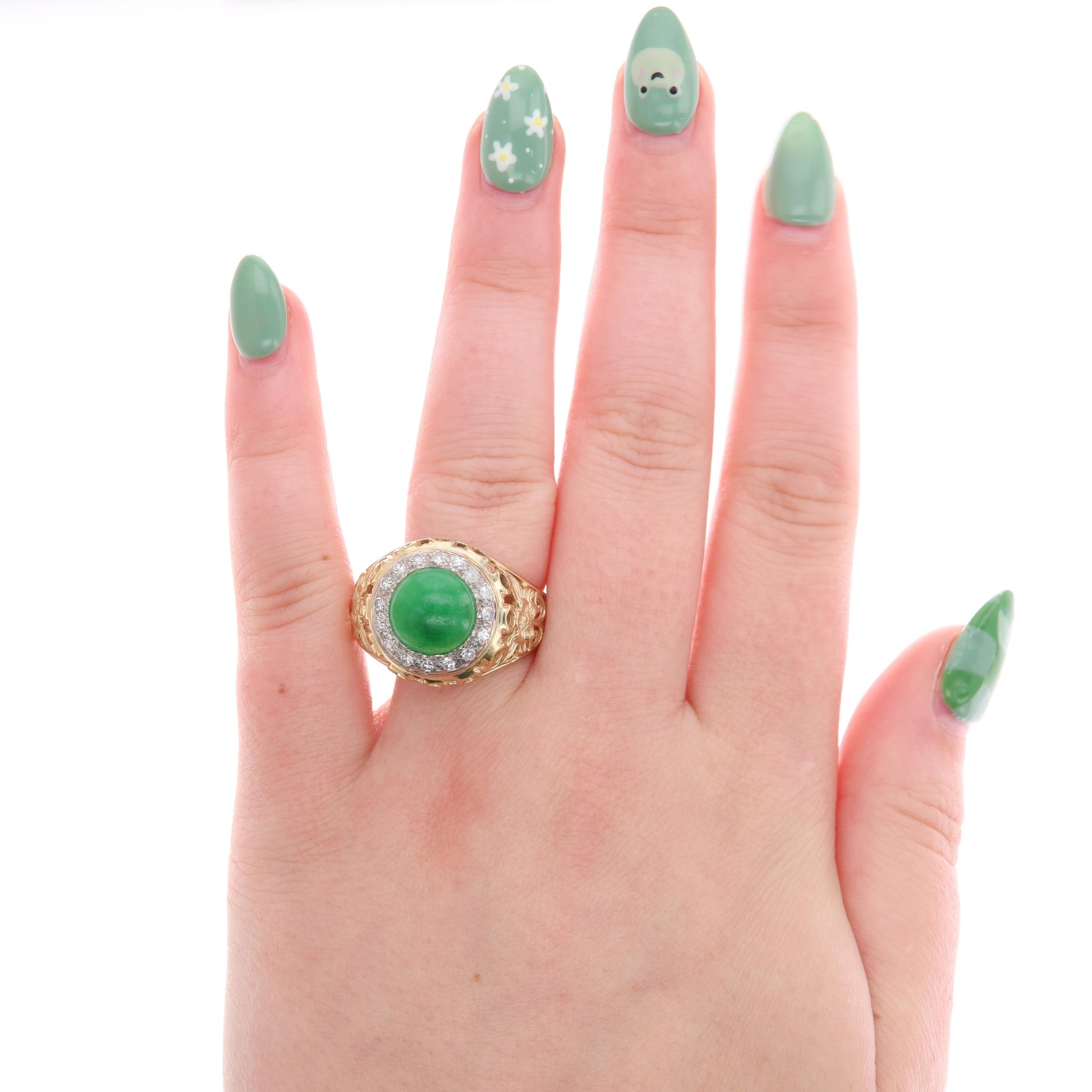 14k Yellow Gold Cabochon Jade & Diamond Halo Floral Cutout Shank Ring