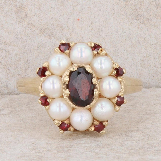 14k Yellow Gold Oval Garnet & Pearl Halo Ring