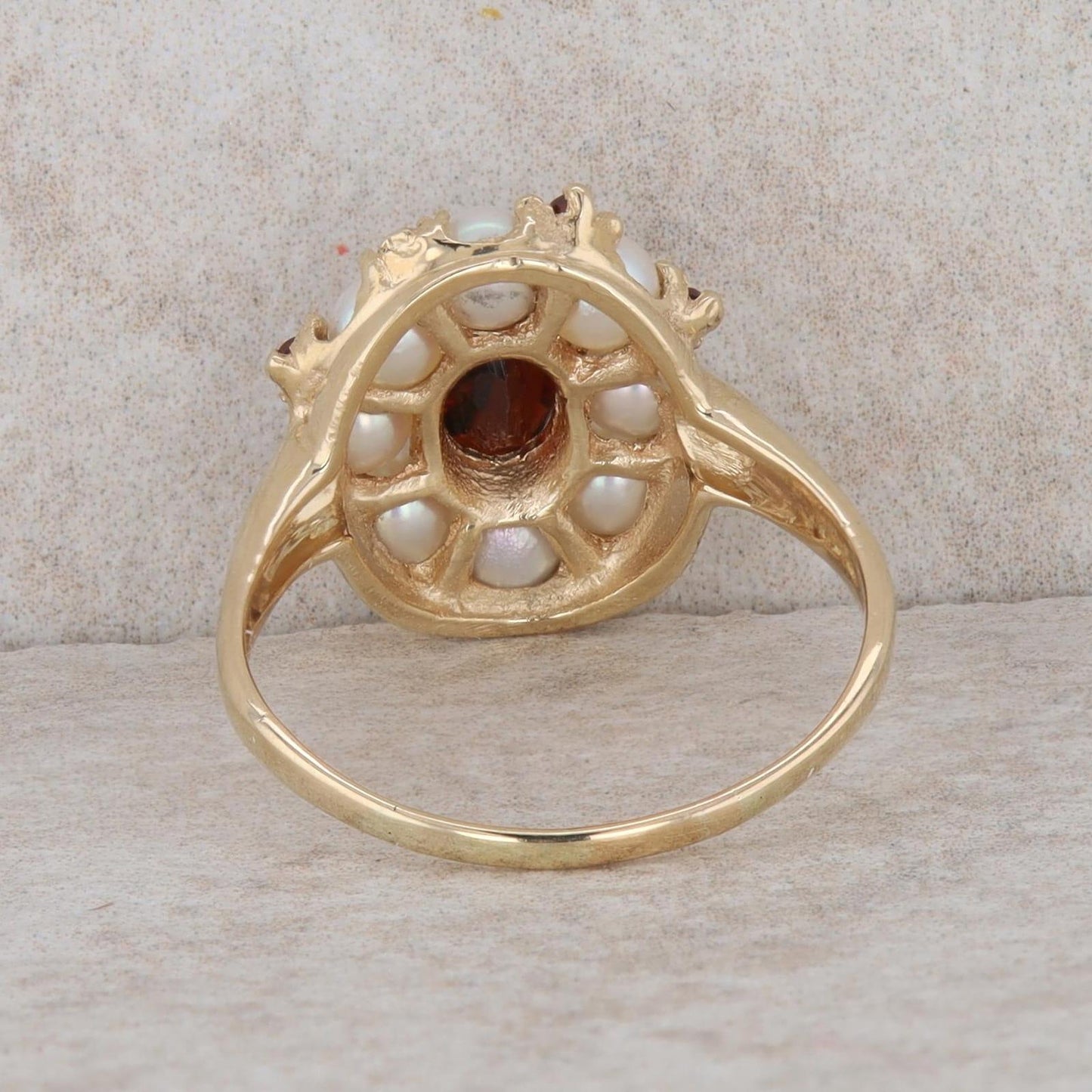 14k Yellow Gold Oval Garnet & Pearl Halo Ring