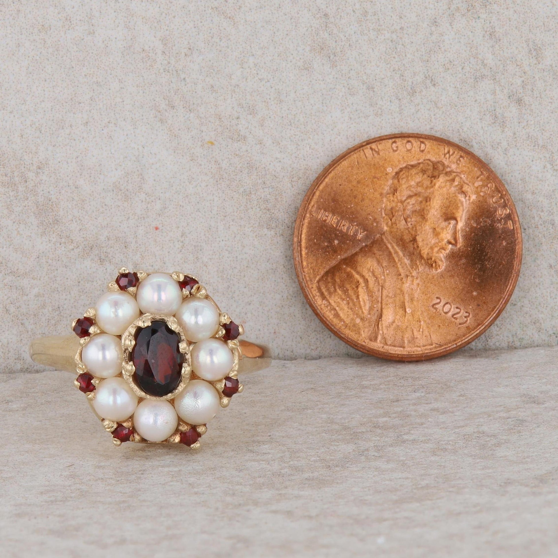 14k Yellow Gold Oval Garnet & Pearl Halo Ring