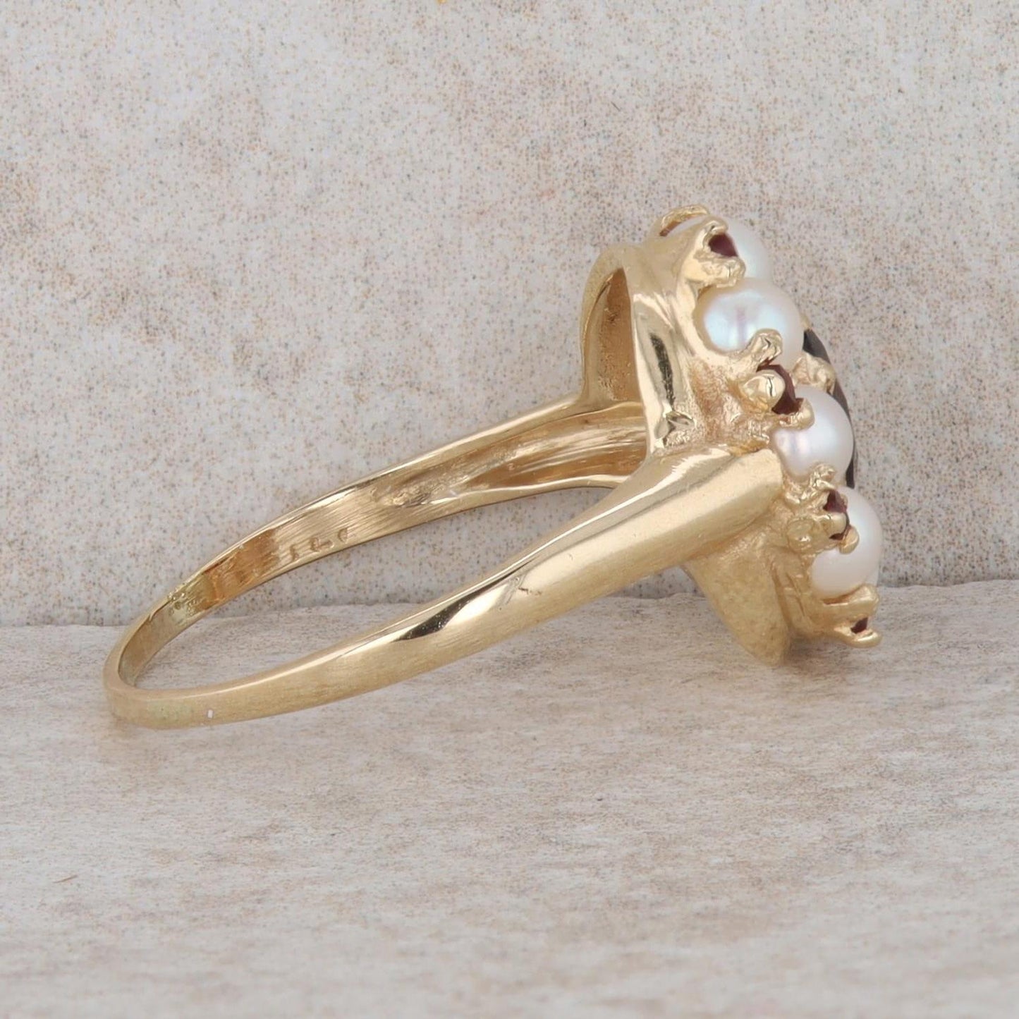 14k Yellow Gold Oval Garnet & Pearl Halo Ring