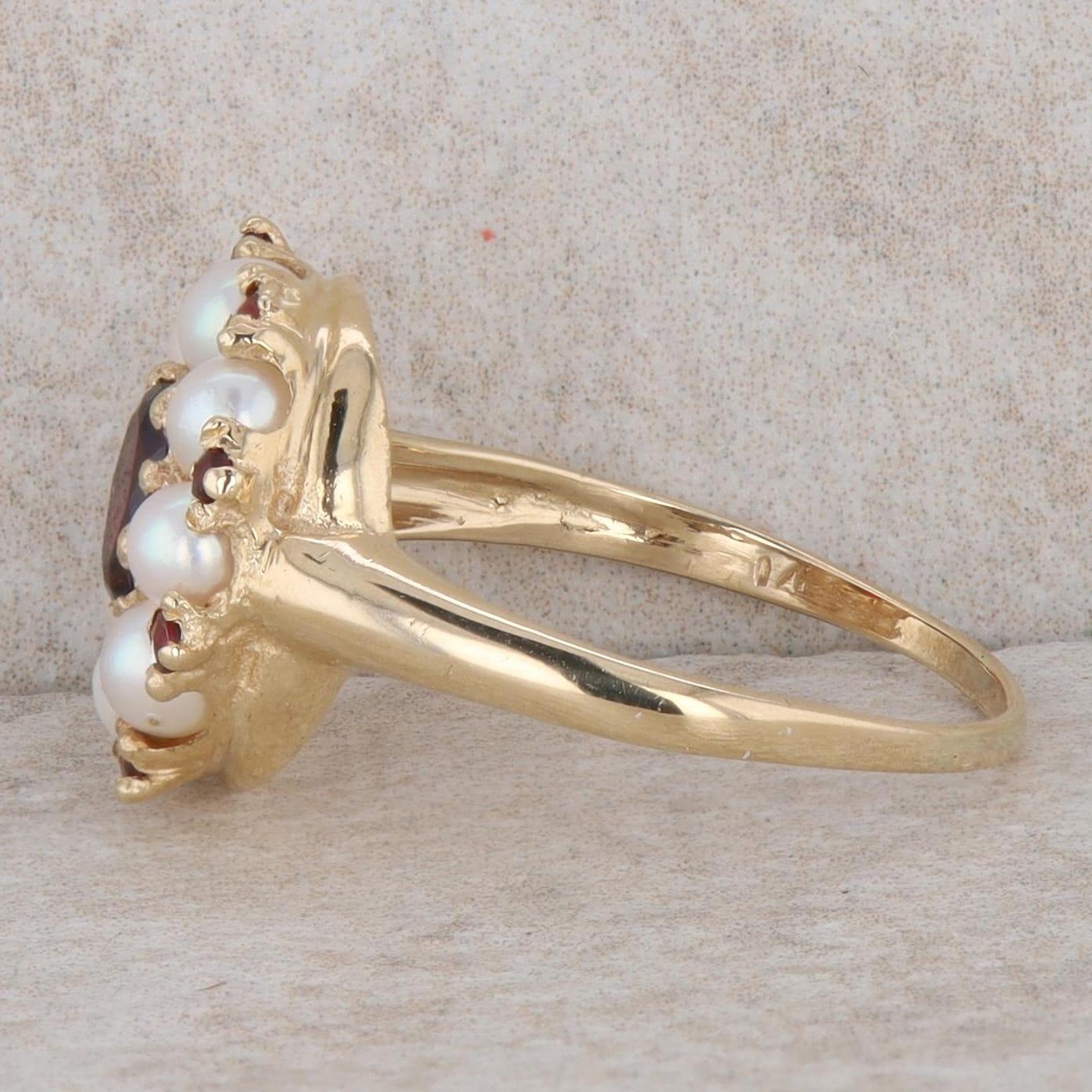 14k Yellow Gold Oval Garnet & Pearl Halo Ring
