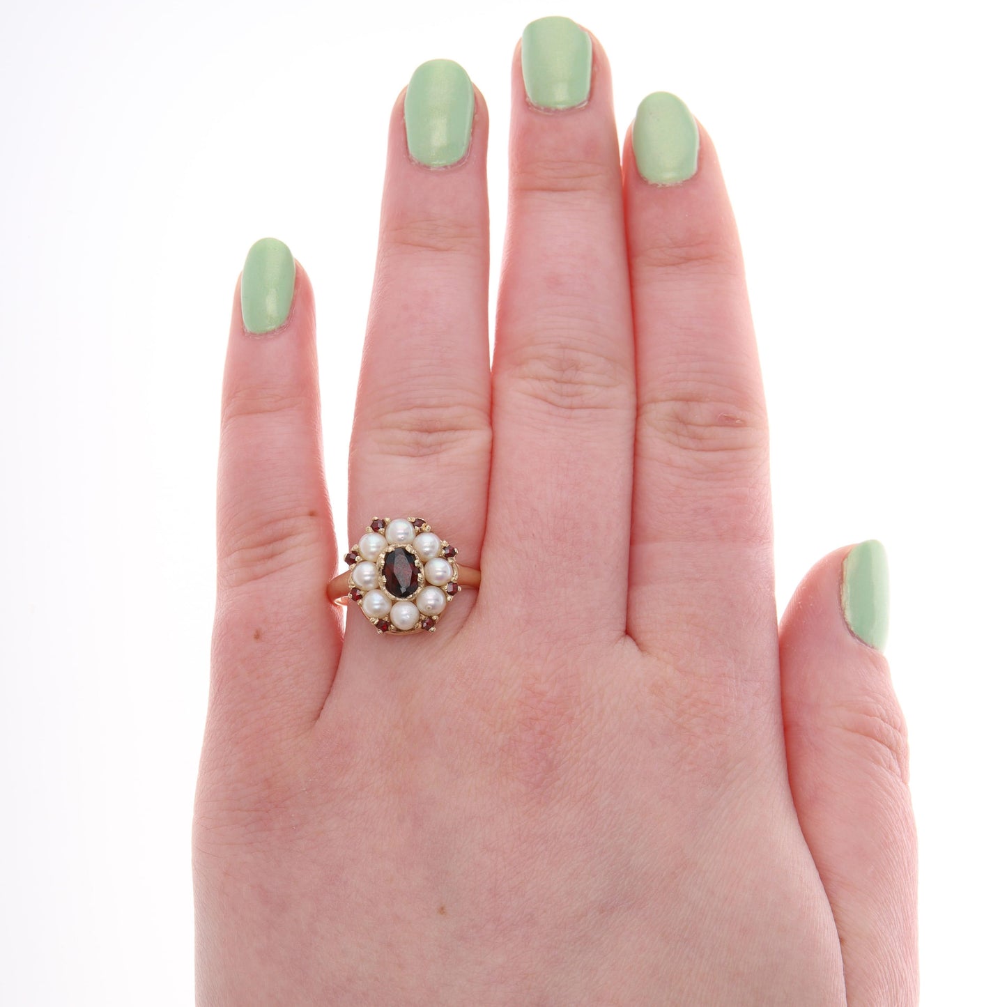 14k Yellow Gold Oval Garnet & Pearl Halo Ring