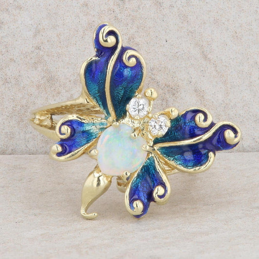14k Yellow Gold Heart Opal & Diamond Blue Enamel Butterfly Ring