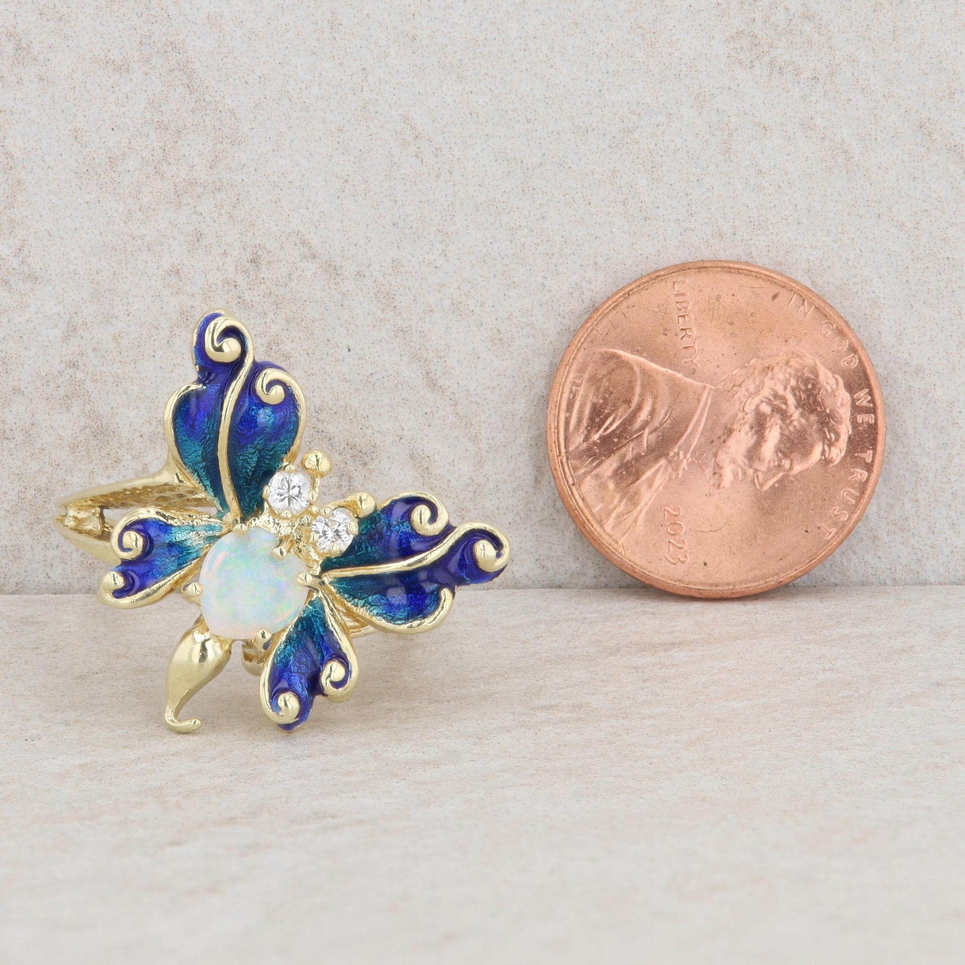 14k Yellow Gold Heart Opal & Diamond Blue Enamel Butterfly Ring