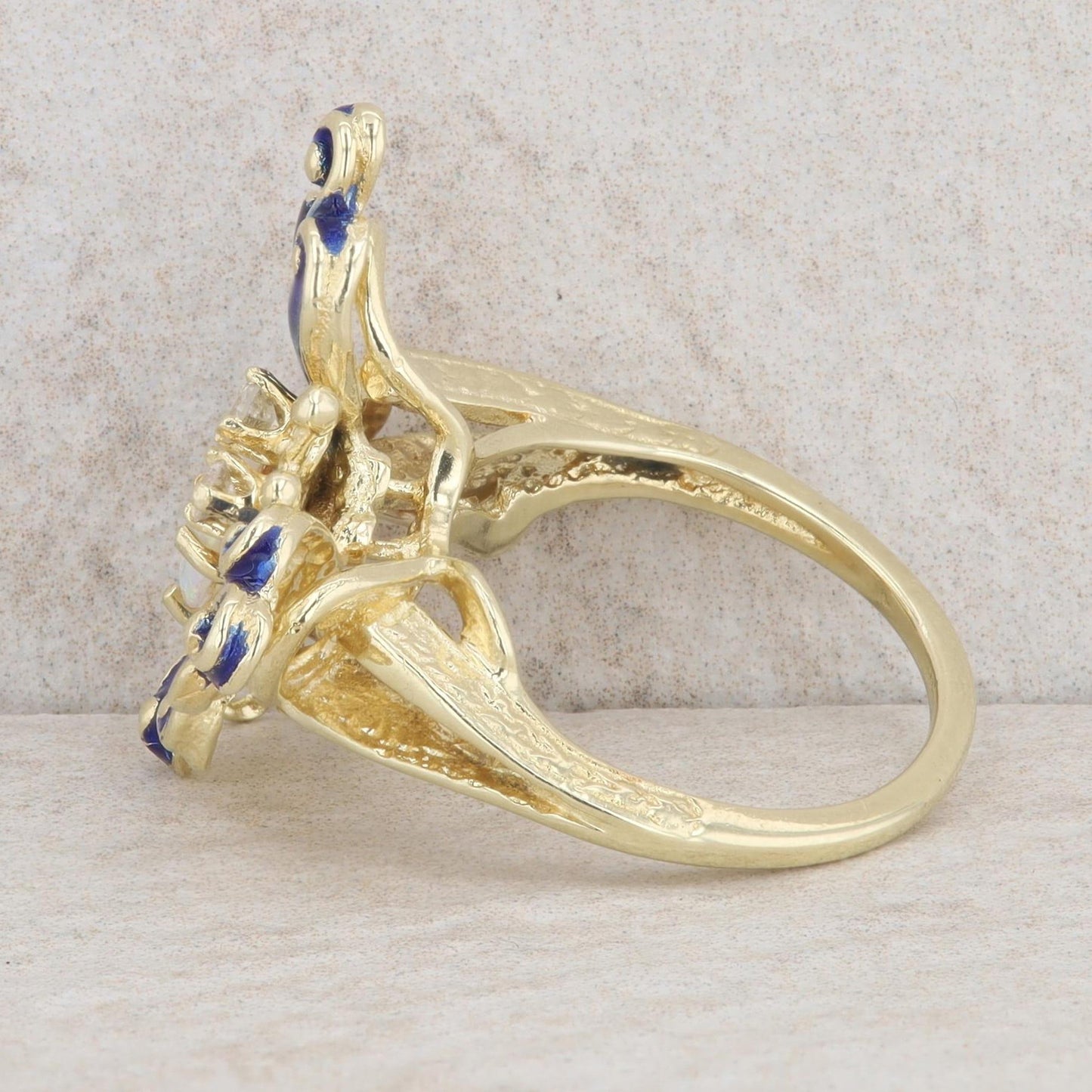 14k Yellow Gold Heart Opal & Diamond Blue Enamel Butterfly Ring