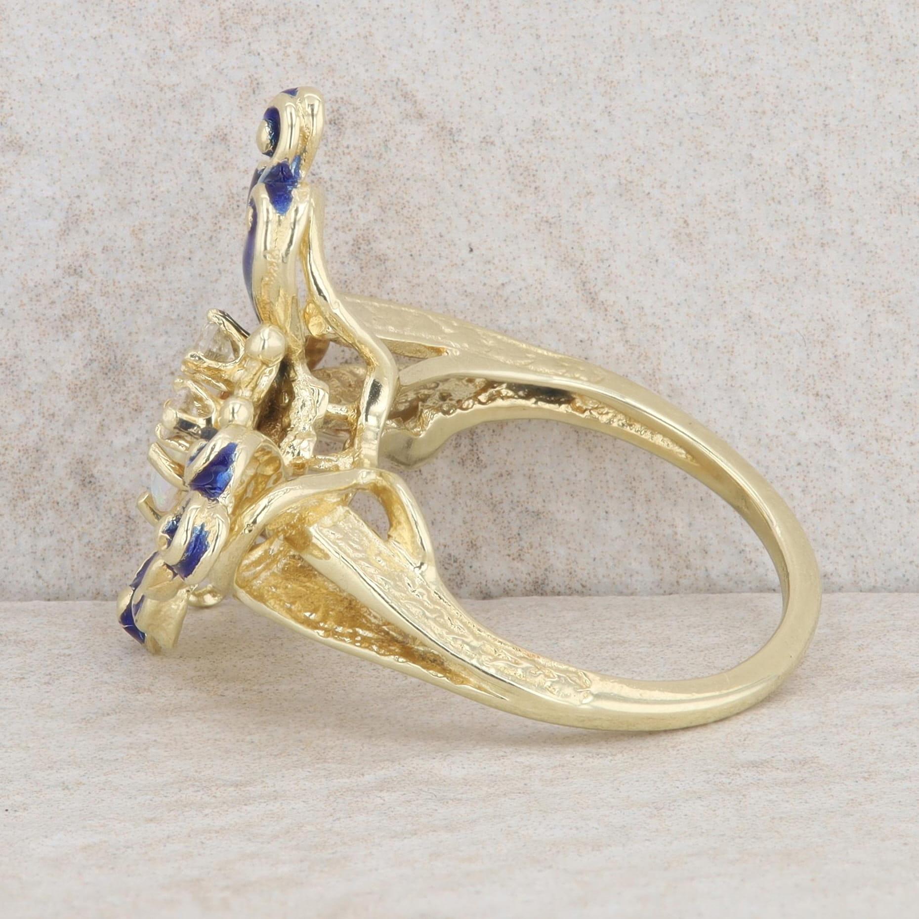 14k Yellow Gold Heart Opal & Diamond Blue Enamel Butterfly Ring