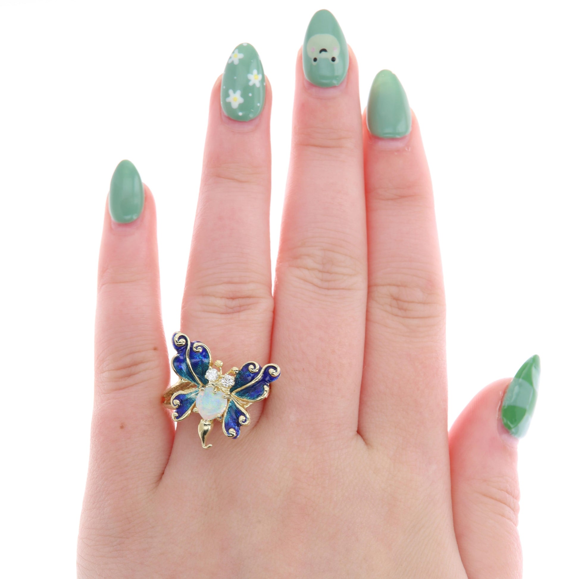 14k Yellow Gold Heart Opal & Diamond Blue Enamel Butterfly Ring