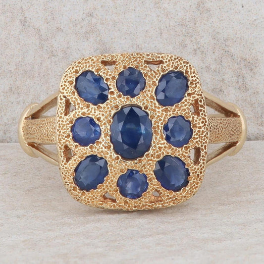 14k Yellow Gold Round & Oval Sapphire Textured Square Ring