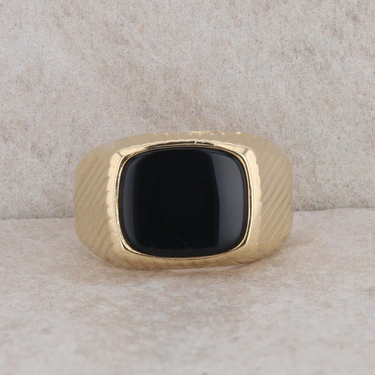 10k Yellow Gold Cushion Onyx Ribbed Texture Wide Ring