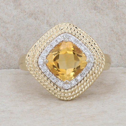 14k Yellow Gold Cushion Citrine & Diamond Halo Rope Textured Ring