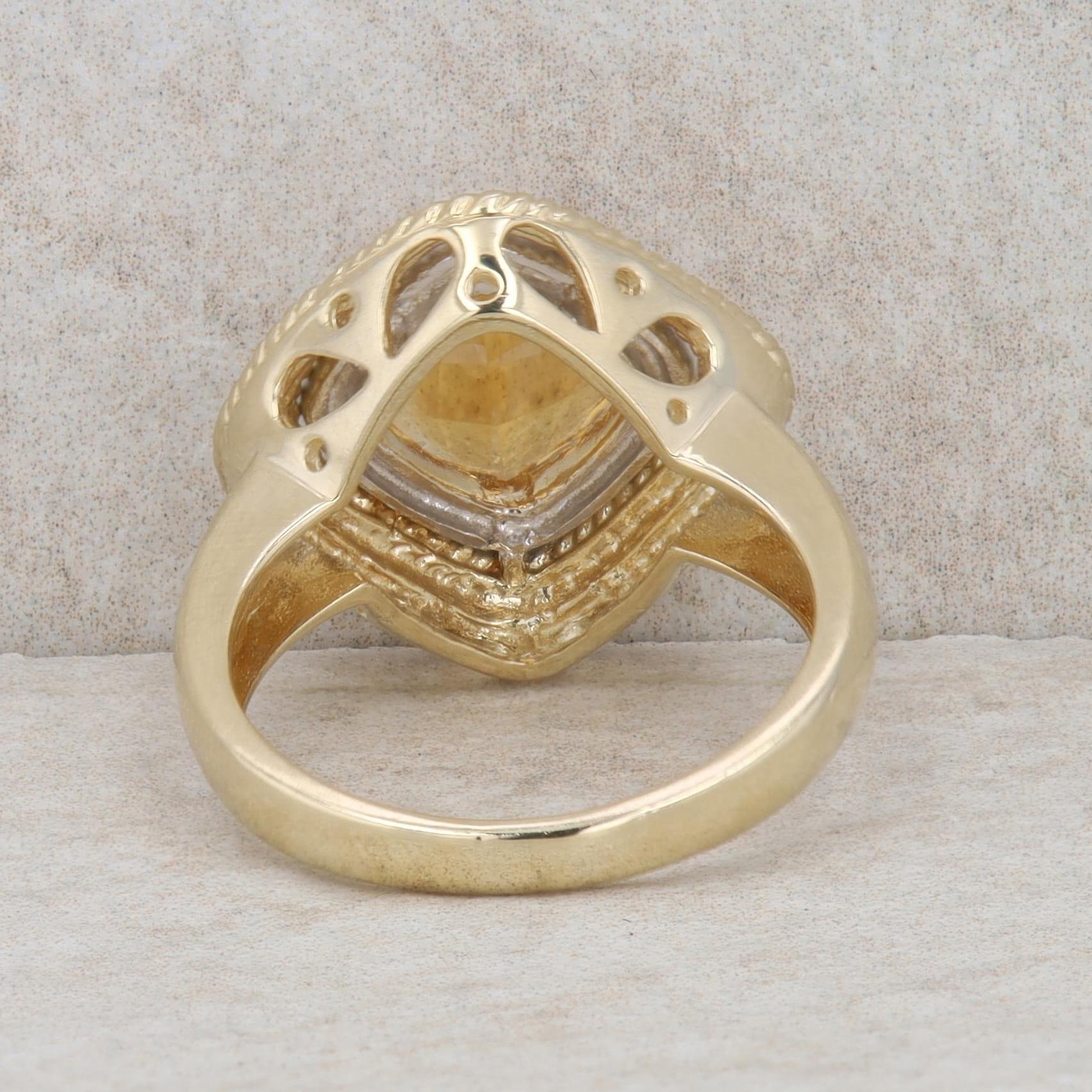 14k Yellow Gold Cushion Citrine & Diamond Halo Rope Textured Ring