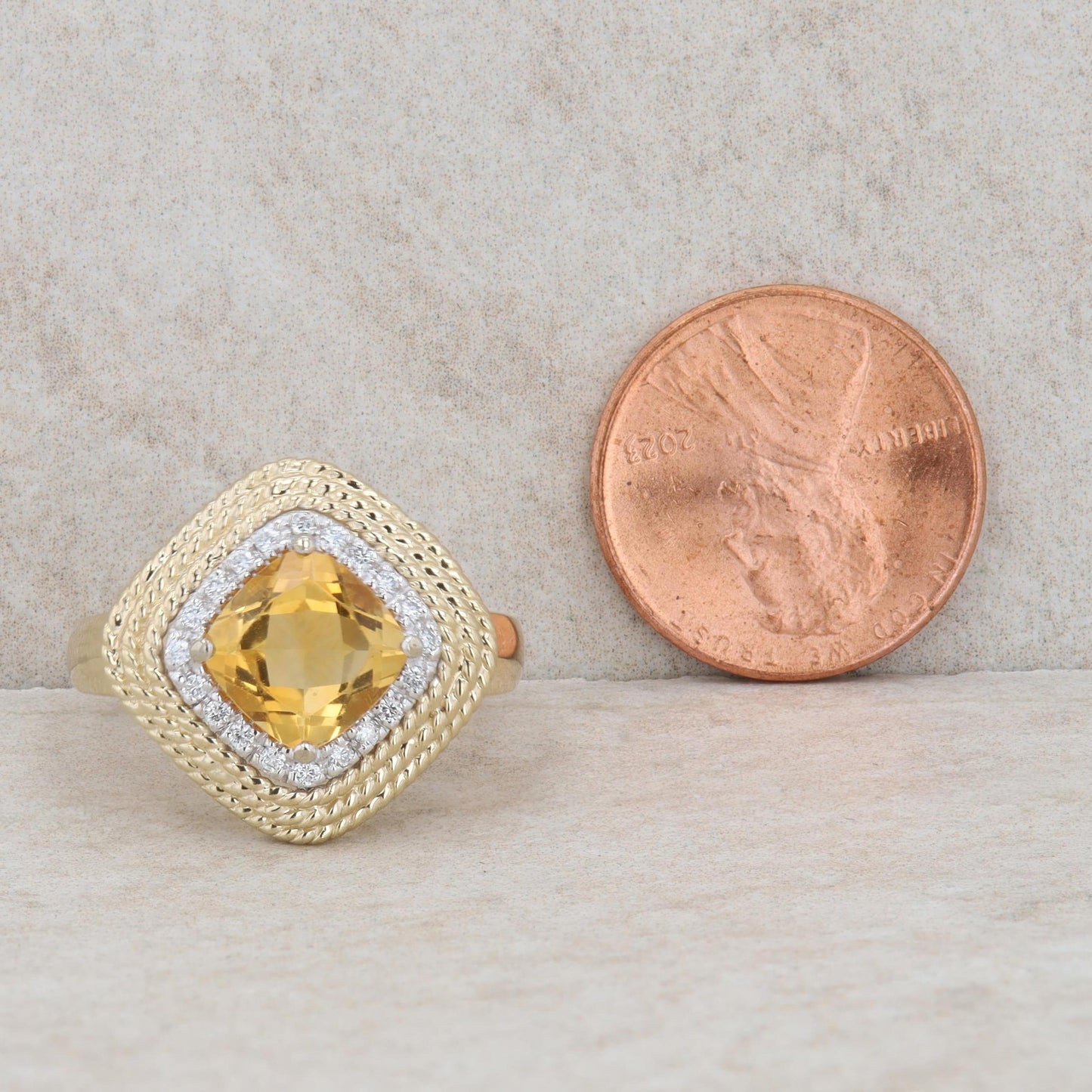 14k Yellow Gold Cushion Citrine & Diamond Halo Rope Textured Ring