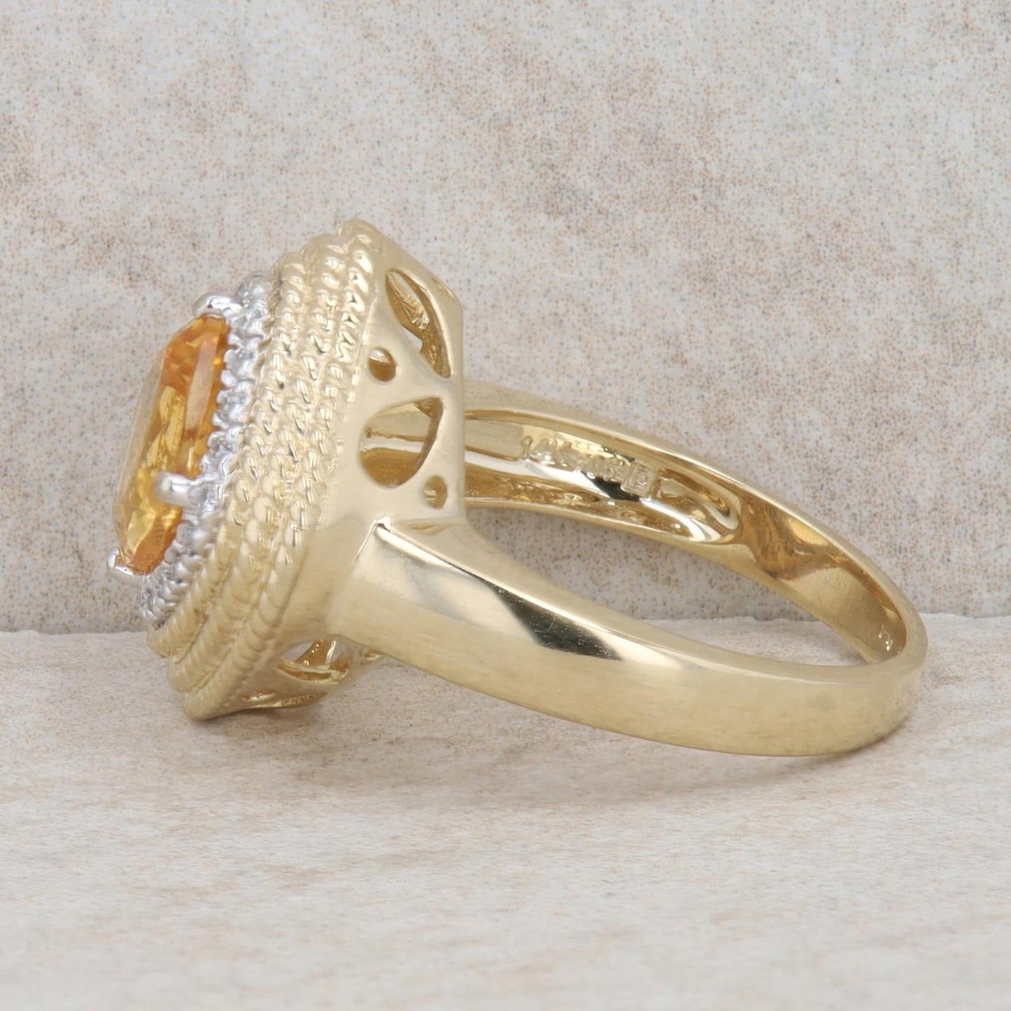 14k Yellow Gold Cushion Citrine & Diamond Halo Rope Textured Ring
