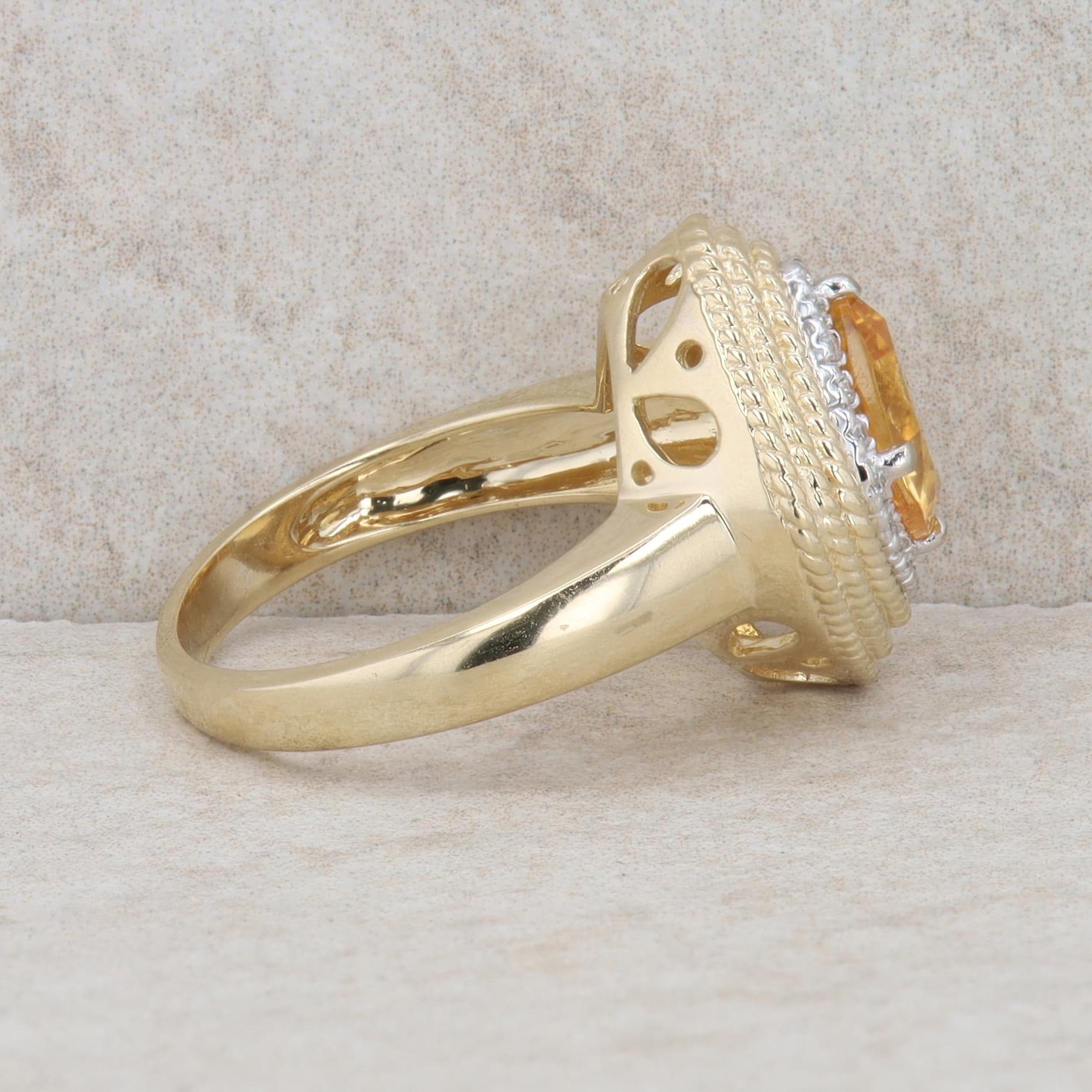 14k Yellow Gold Cushion Citrine & Diamond Halo Rope Textured Ring