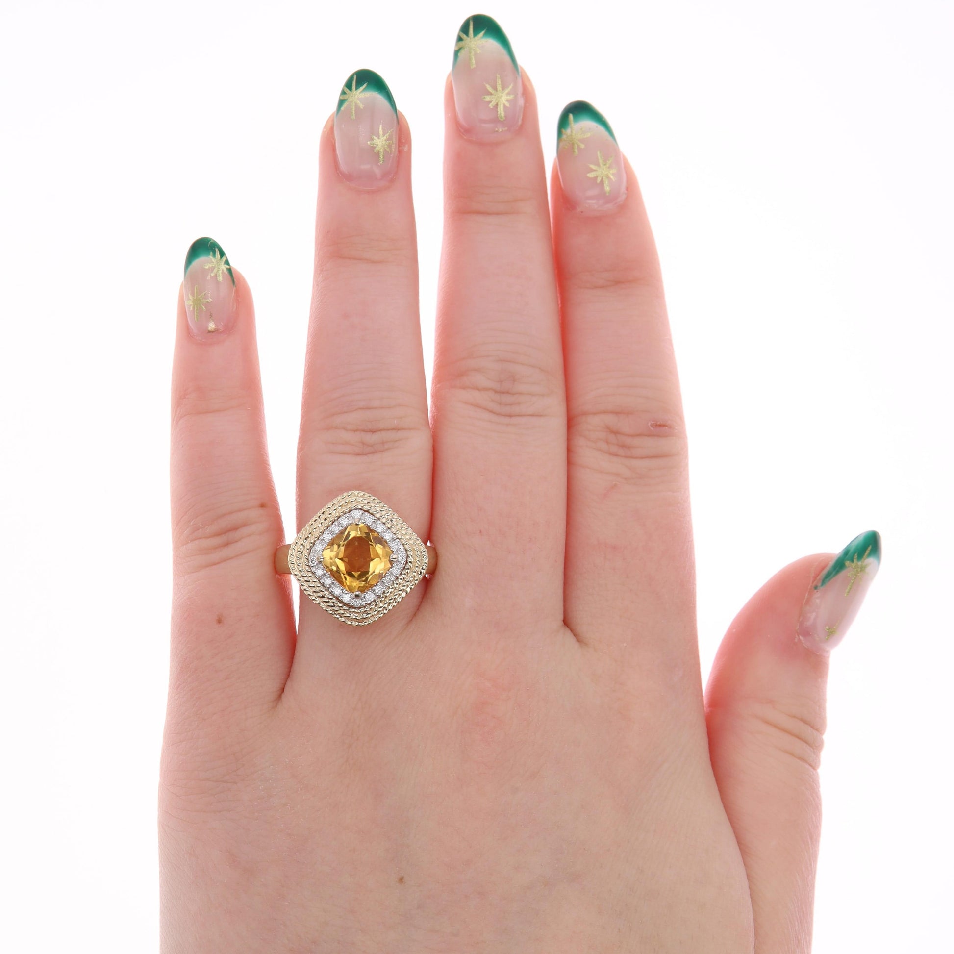 14k Yellow Gold Cushion Citrine & Diamond Halo Rope Textured Ring