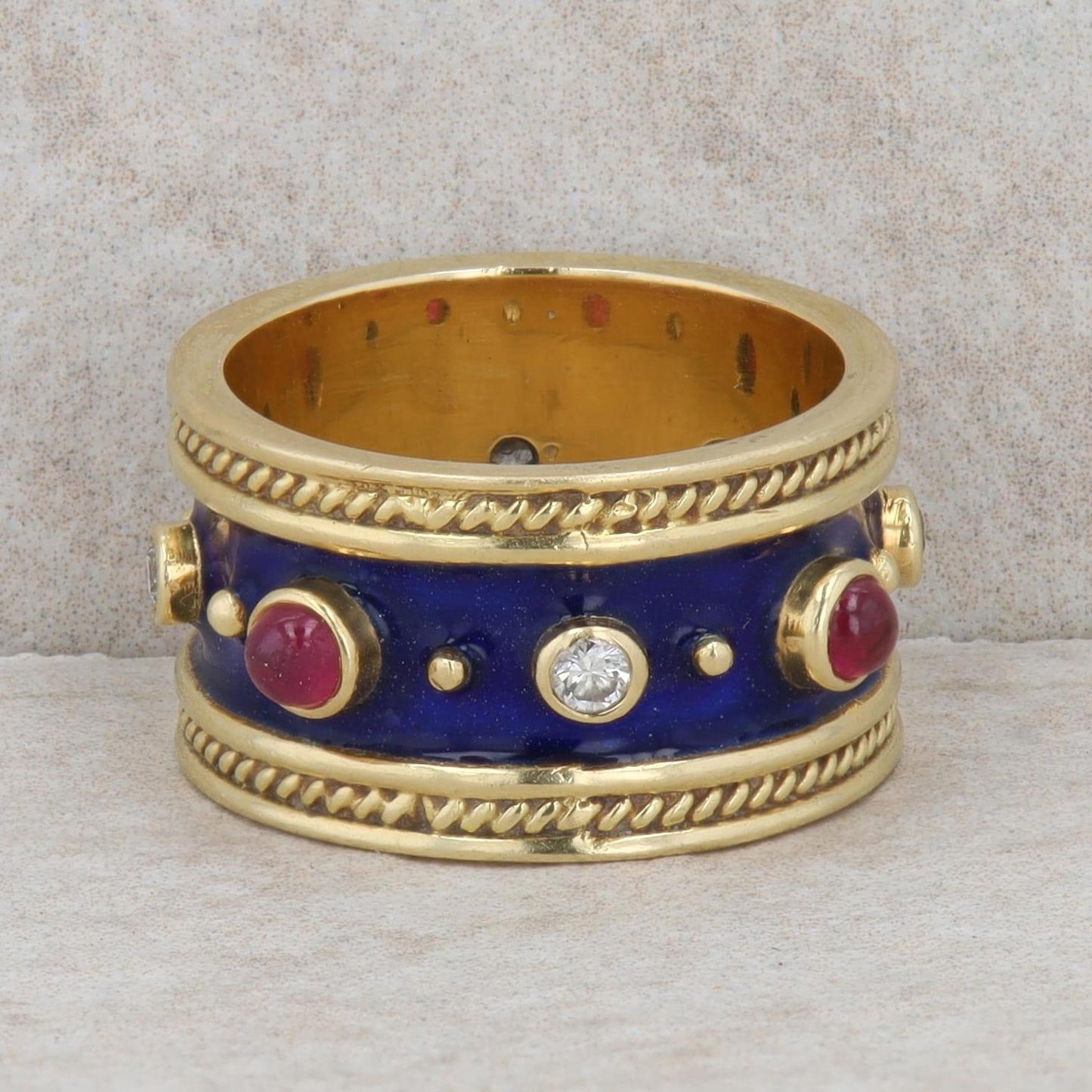 18k Yellow Gold Cabochon Ruby Blue Enamel Wide Band Ring