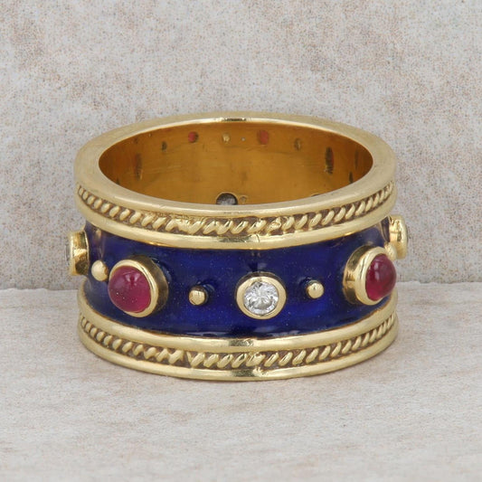 18k Yellow Gold Cabochon Ruby Blue Enamel Wide Band Ring