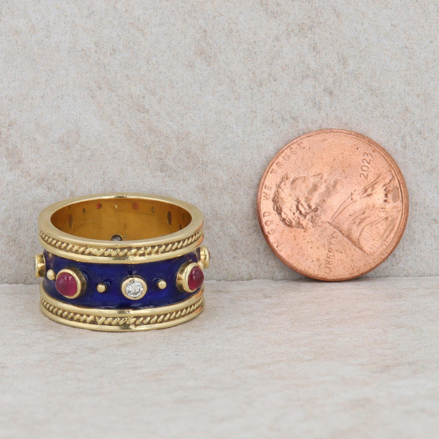 18k Yellow Gold Cabochon Ruby Blue Enamel Wide Band Ring