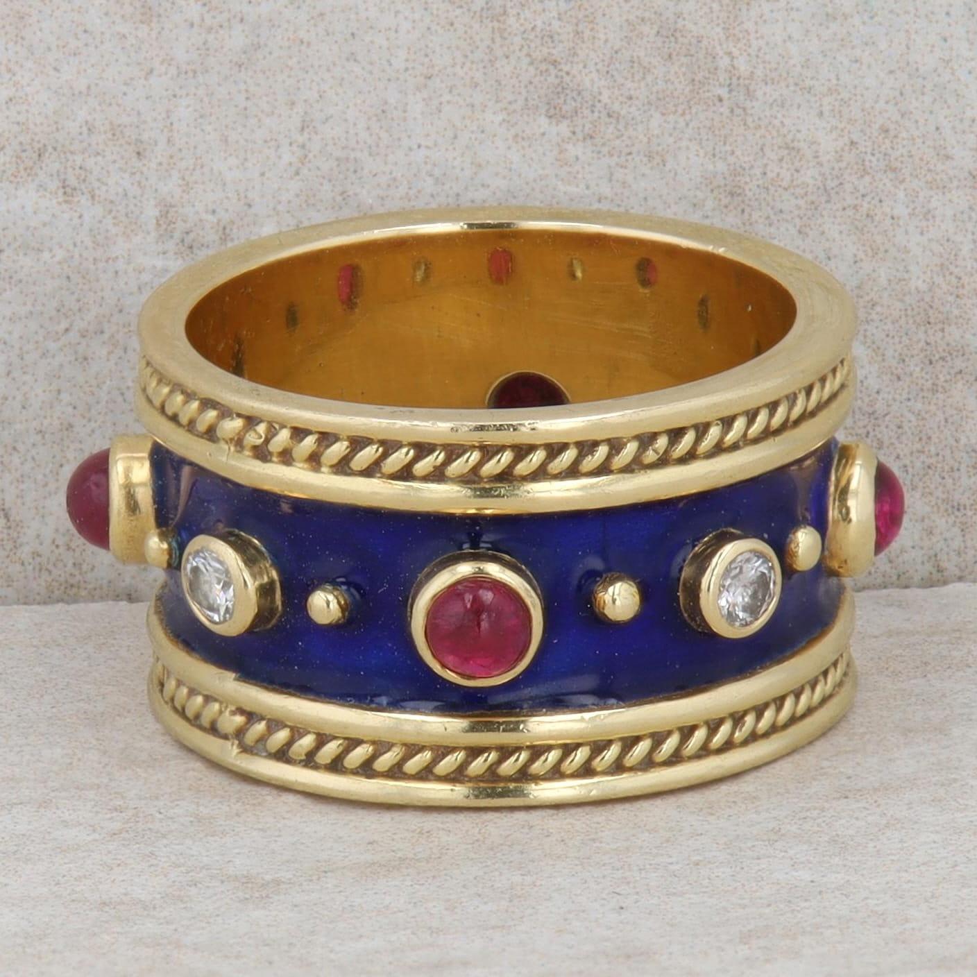 18k Yellow Gold Cabochon Ruby Blue Enamel Wide Band Ring