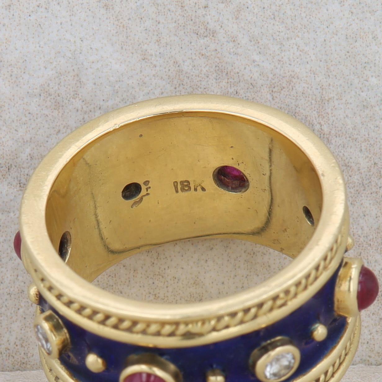18k Yellow Gold Cabochon Ruby Blue Enamel Wide Band Ring