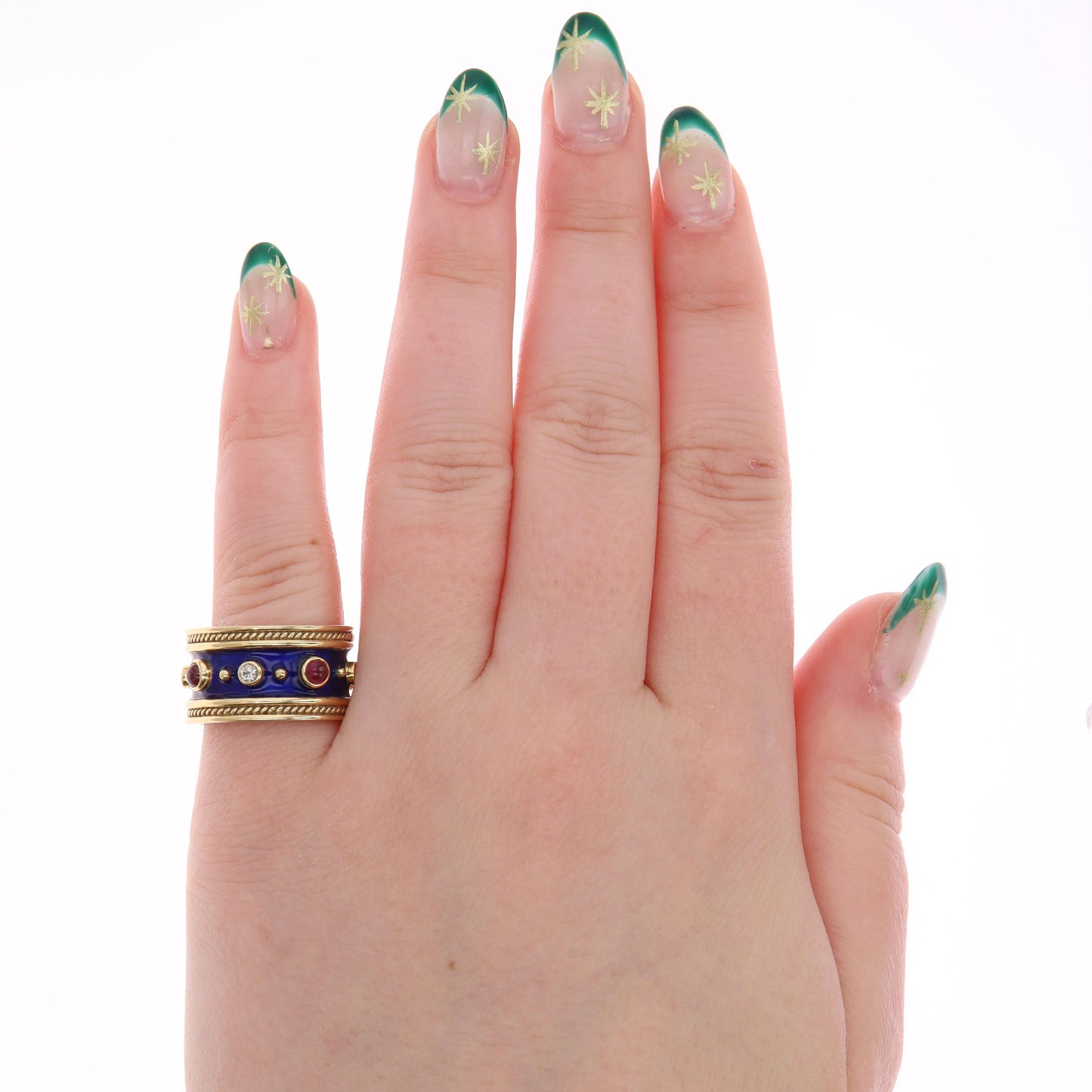 18k Yellow Gold Cabochon Ruby Blue Enamel Wide Band Ring