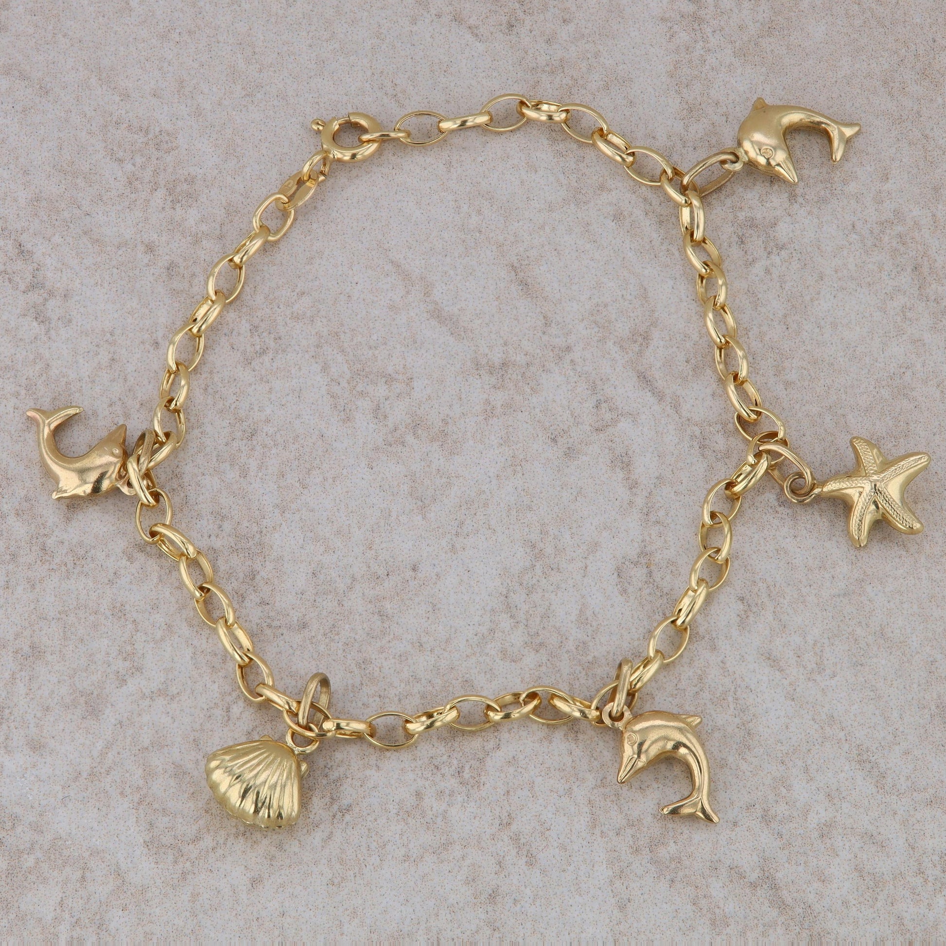 10k Yellow Gold Nautical Sealife Charm Bracelet 2.56g