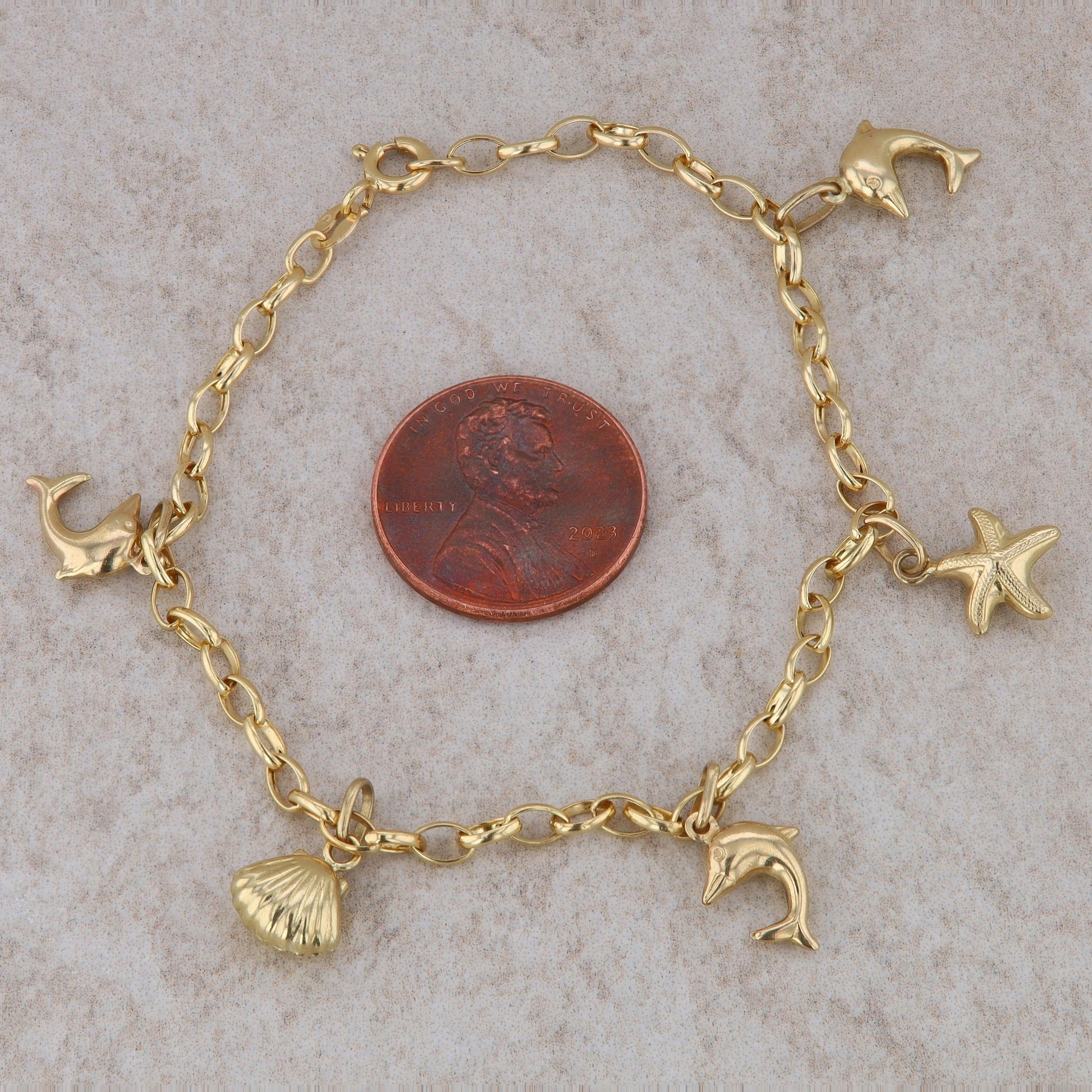 10k Yellow Gold Nautical Sealife Charm Bracelet 2.56g